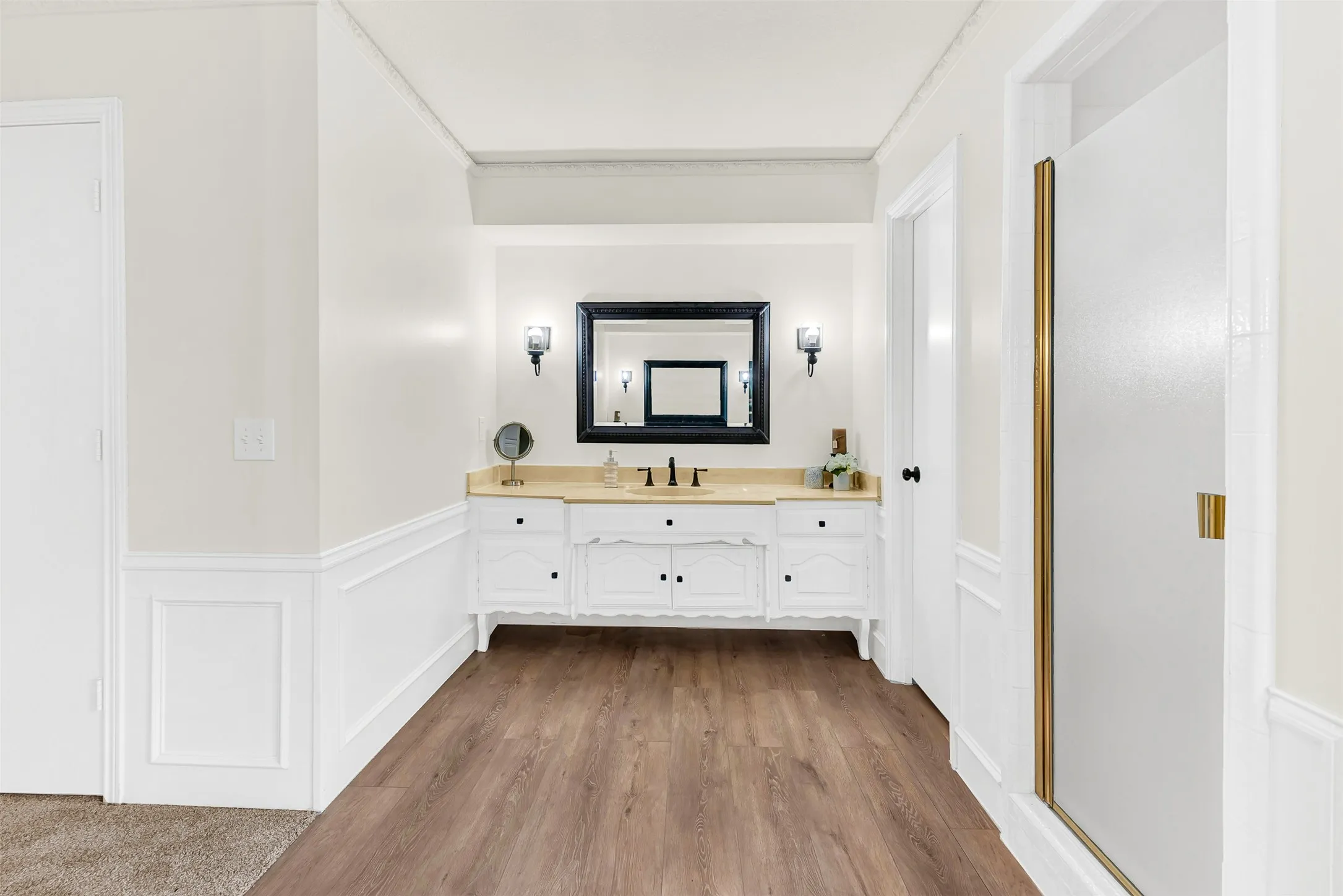Separate vanities makes getting ready a breeze.
