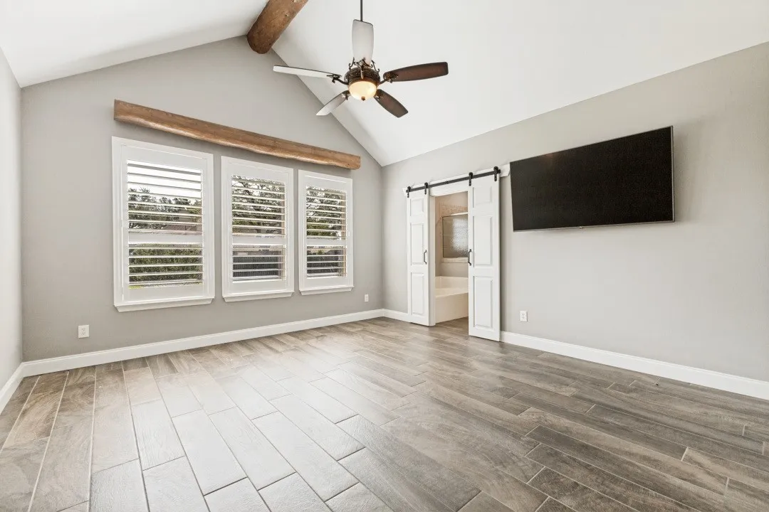 Primary Bedroom, Vaulted Ceiling, Backyard View