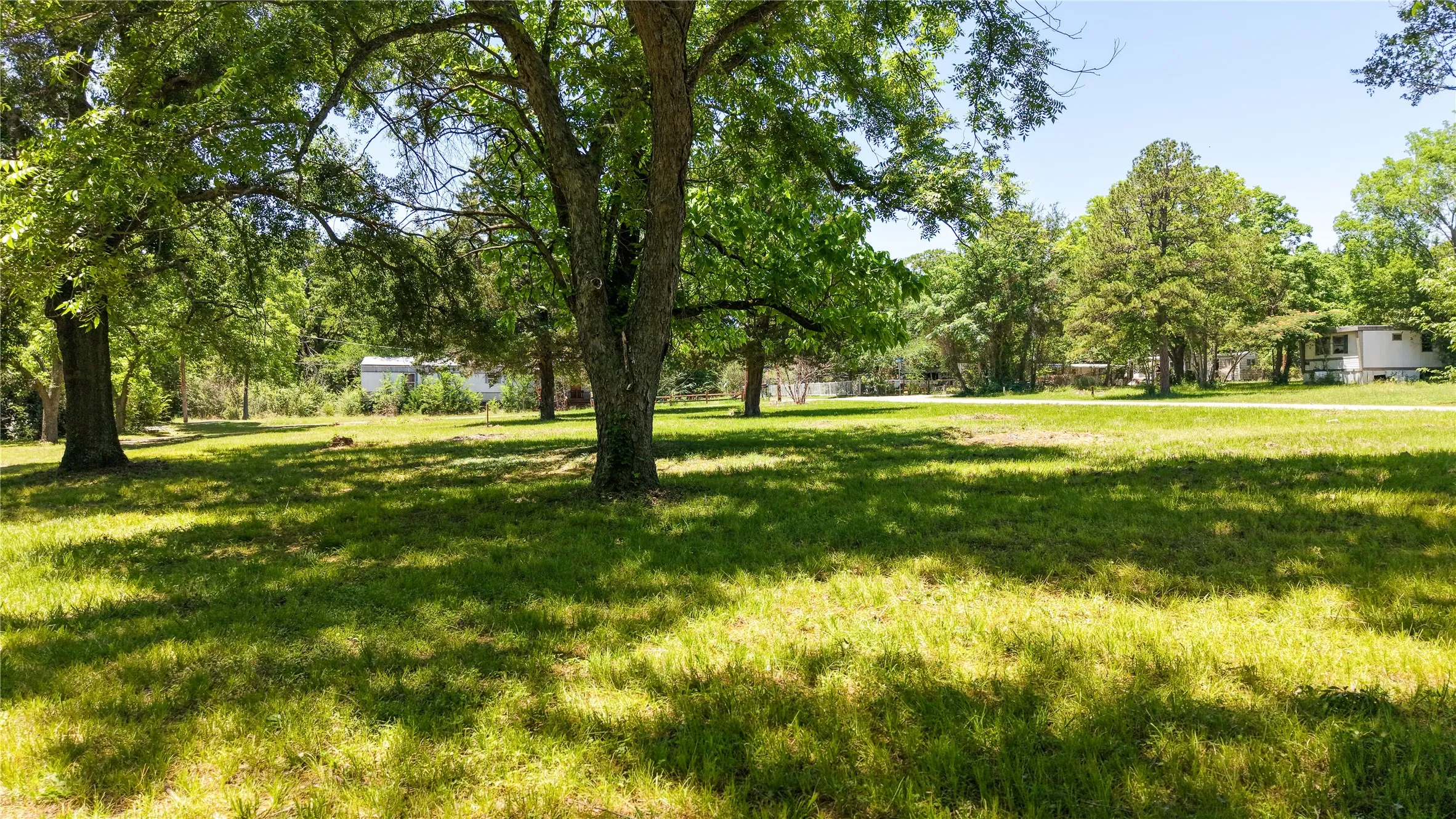 Peaceful outdoor setting with established trees providing shade, privacy, and natural beauty.