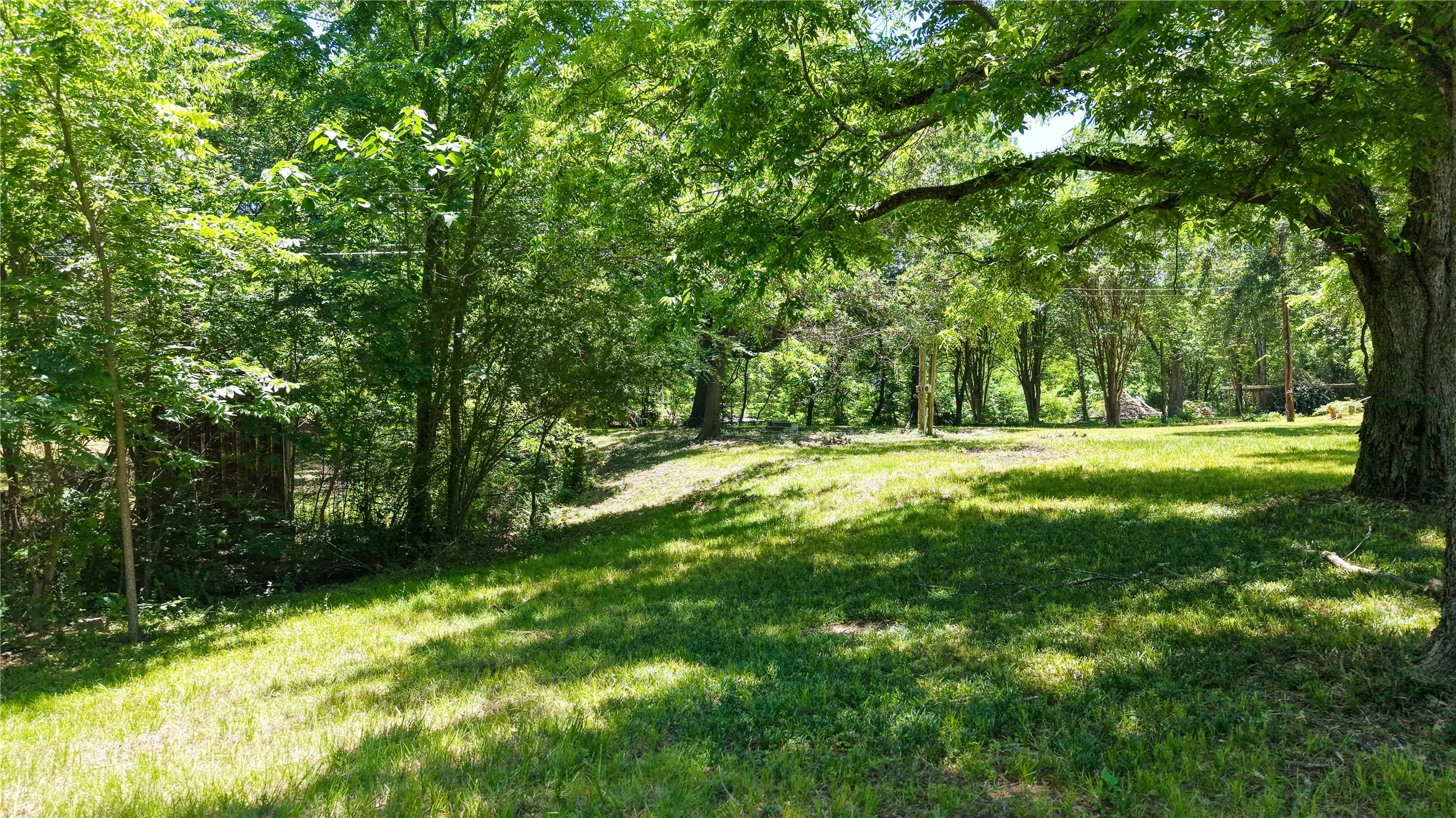 Beautiful tree-filled setting with mature shade trees creating a quiet and inviting atmosphere across the property.