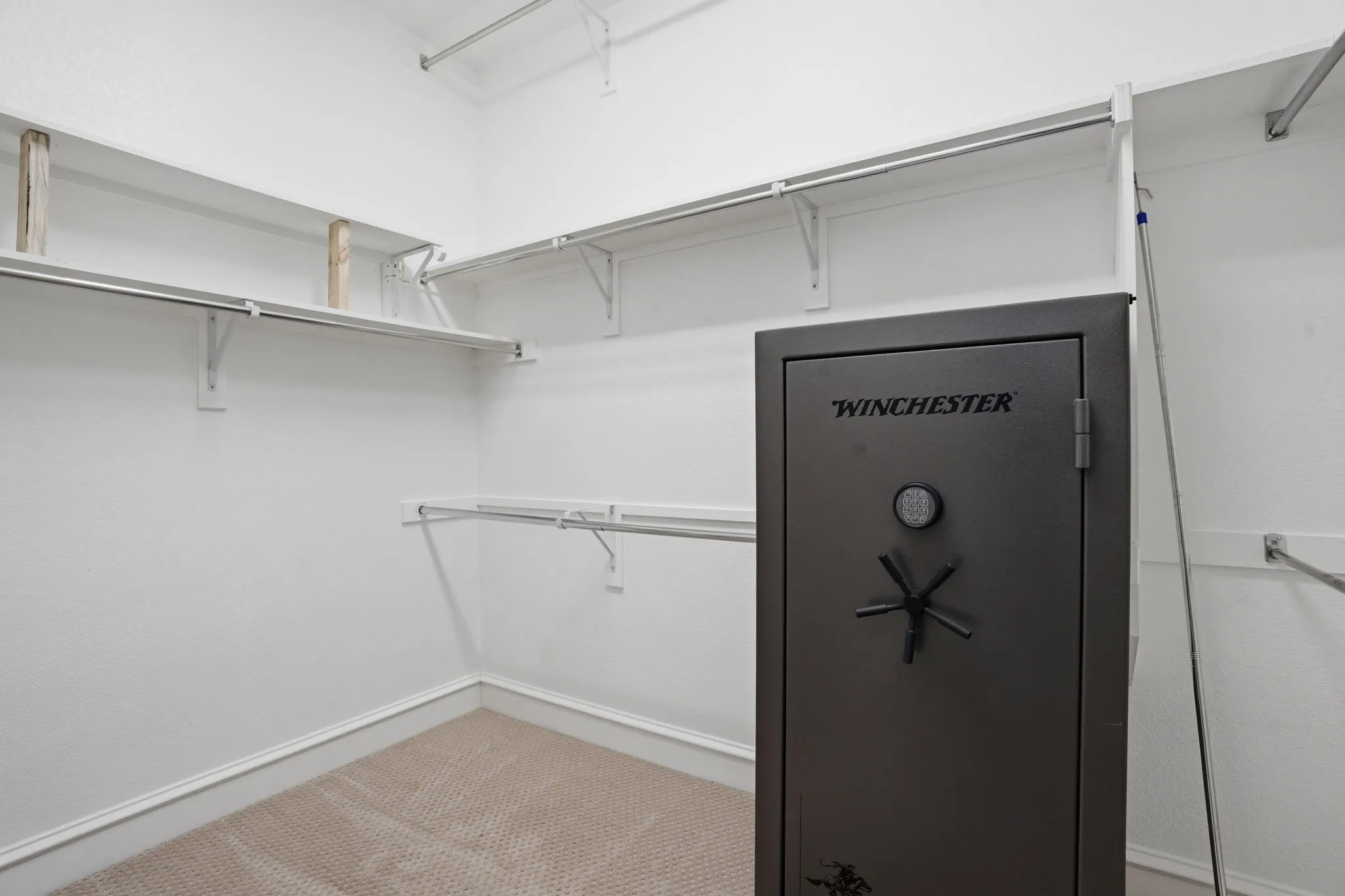 Walk-in closet with carpet flooring, white walls, and built-in shelving