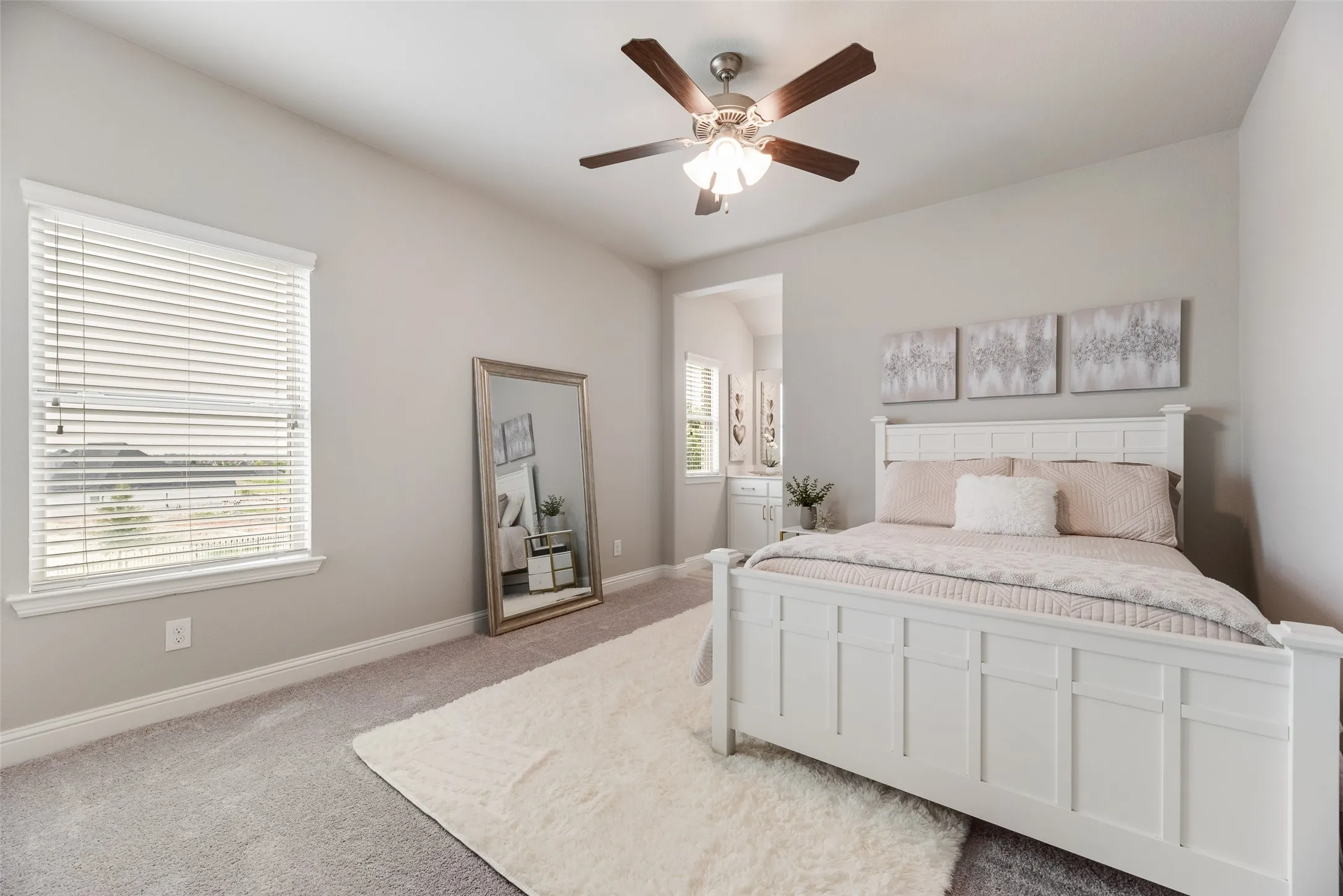 BEDROOM 3 ENSUITE - Recessed lighting, ceiling fan, and window with horizontal blinds