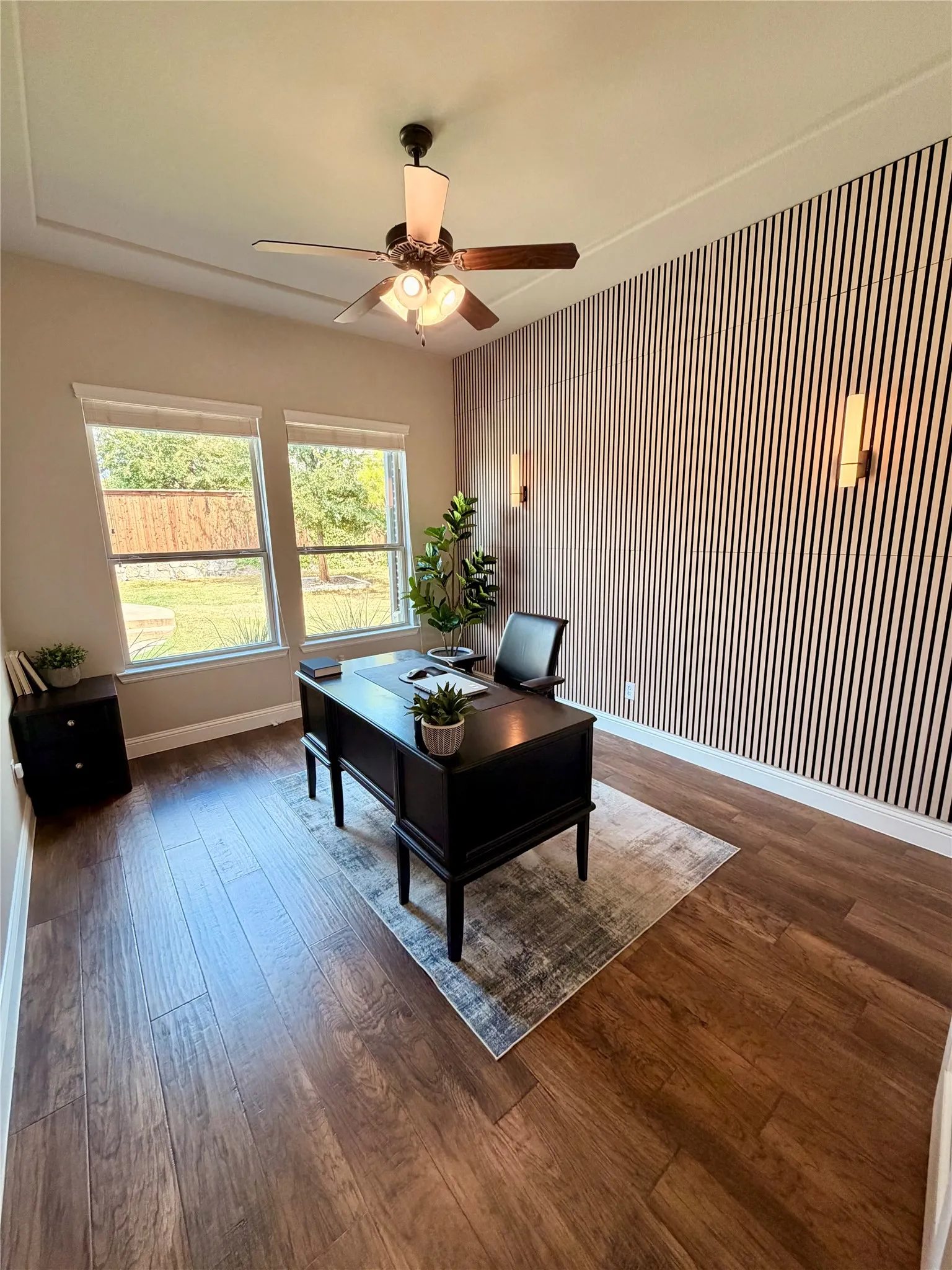 New accent wall with sconces! Incredible views of the backyard pool & spa from the office!!!