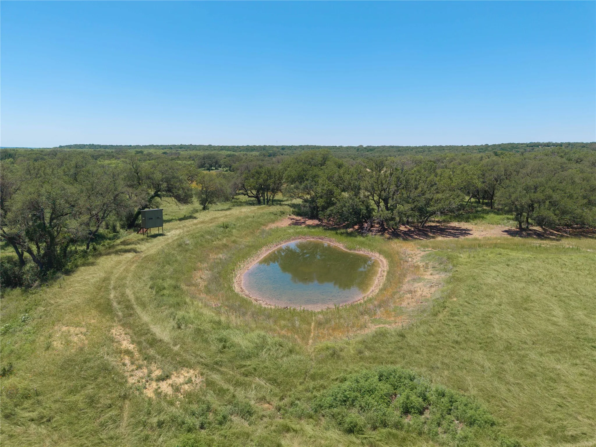 Natural landscape featuring a tranquil pond, expansive green spaces, mature trees, and a distant hunting blind