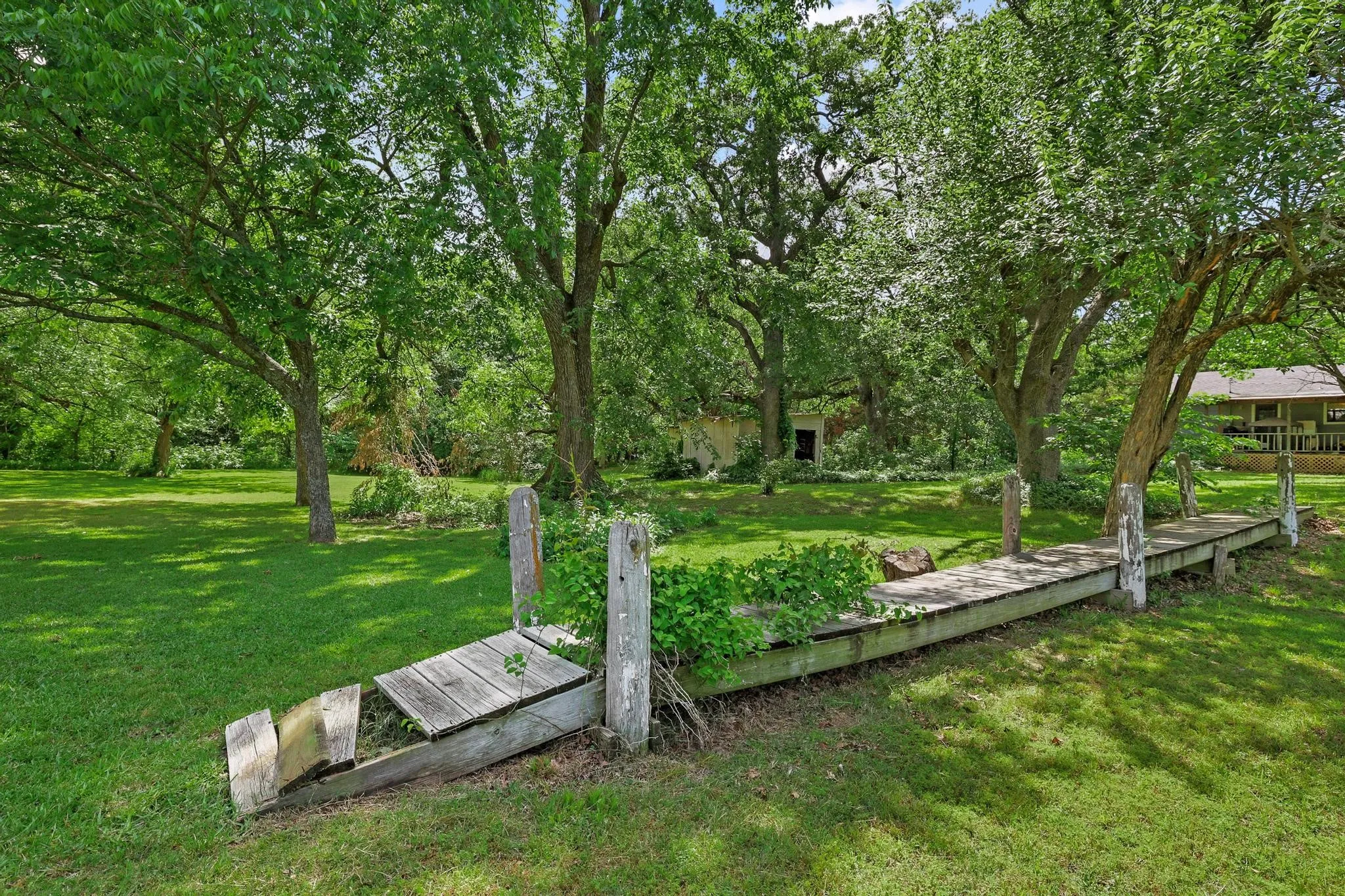 Expansive natural landscape featuring lush green lawn and mature shade trees