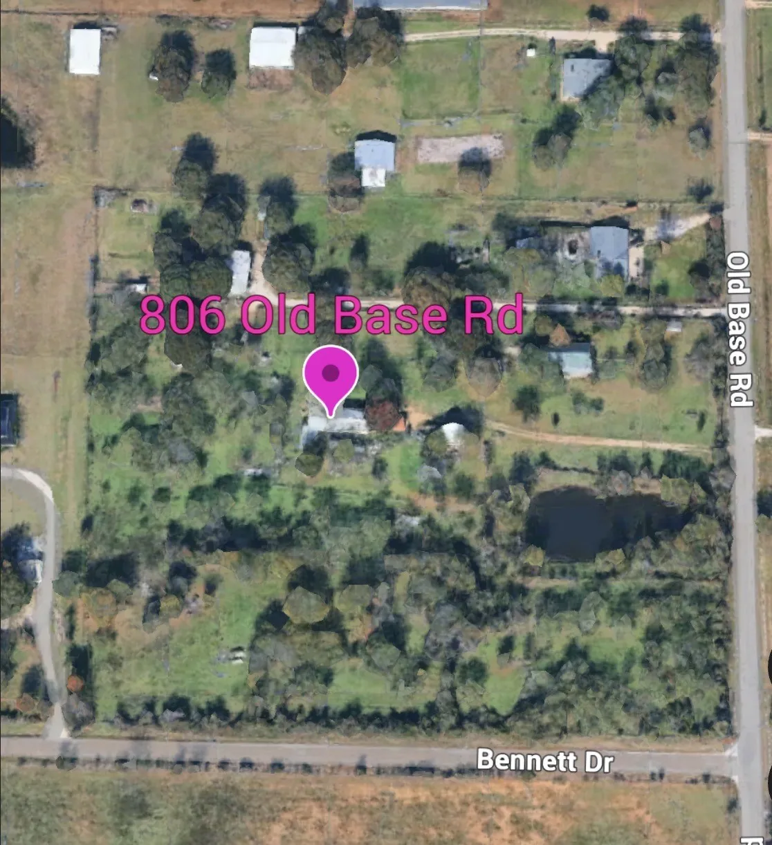 Aerial View. Depicting the property at 806 Old Base Road and surrounding parcels