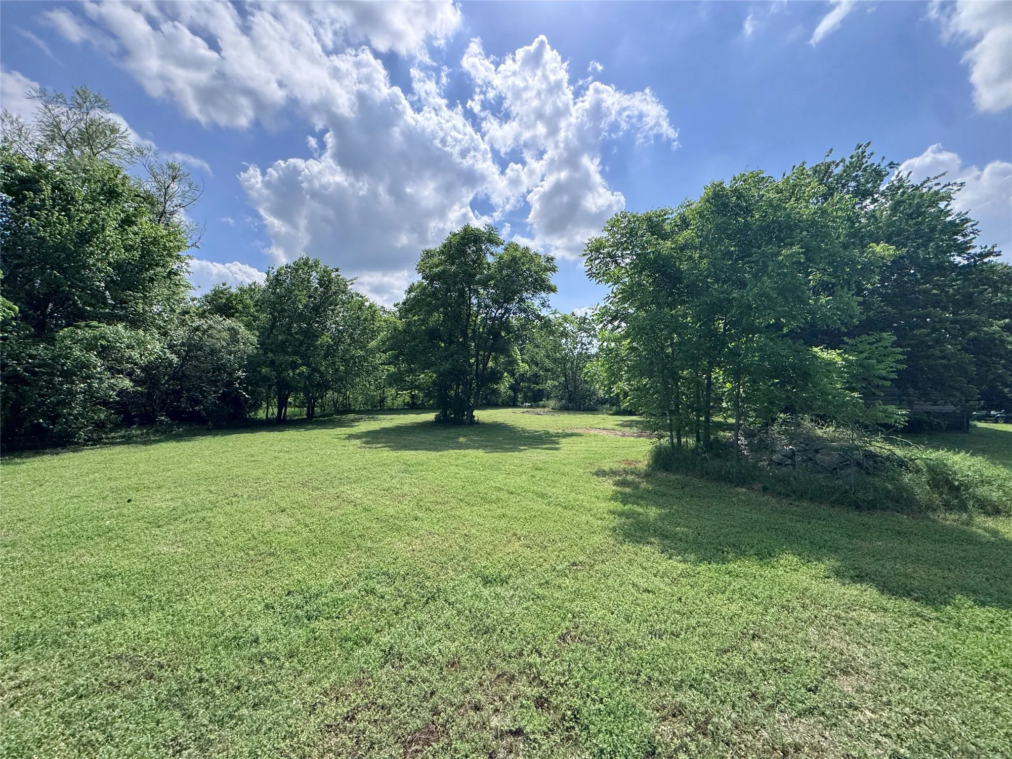 Expansive green lawn surrounded by mature trees under a clear sky