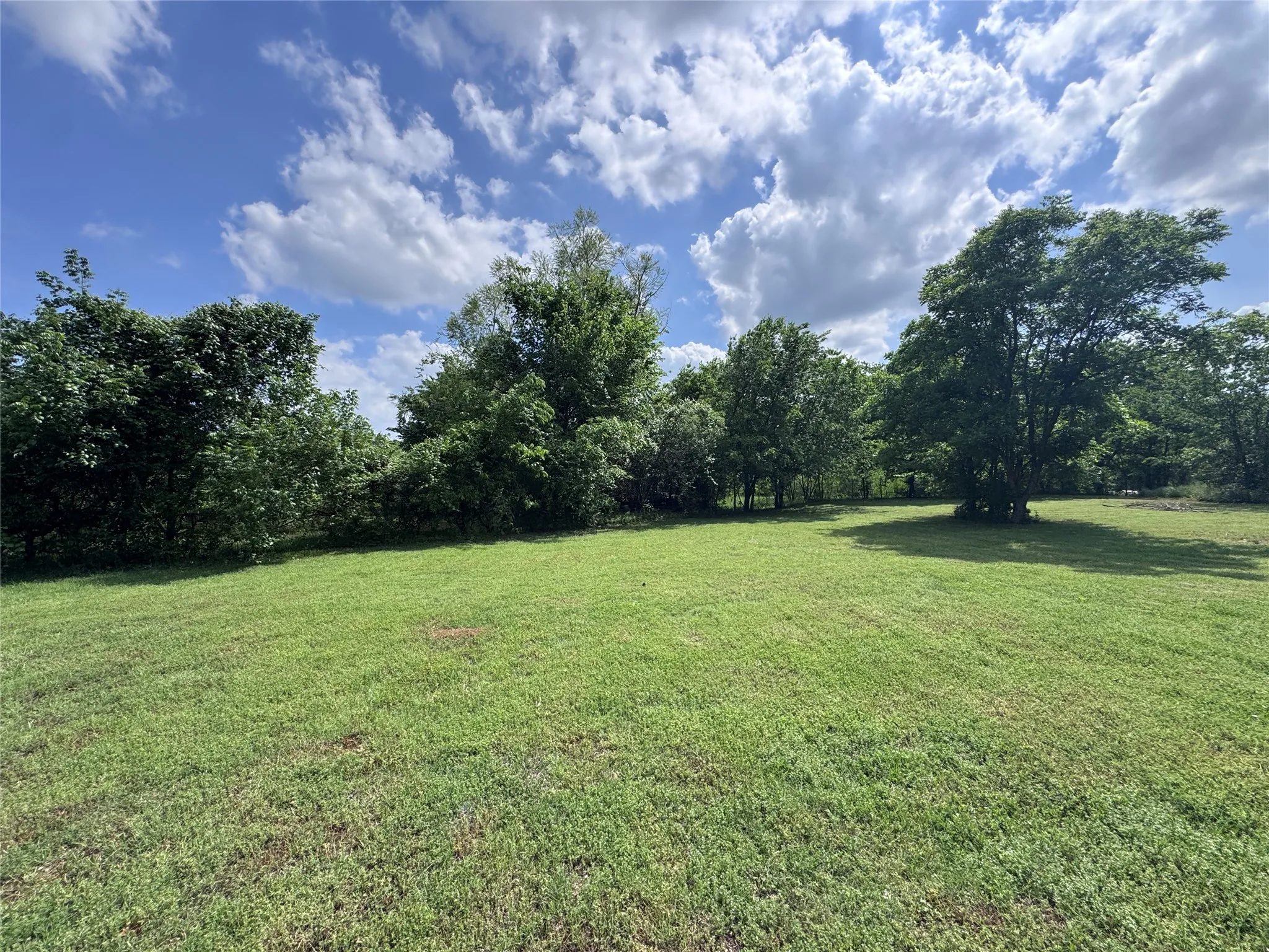 Expansive green lawn with mature trees bordering the perimeter