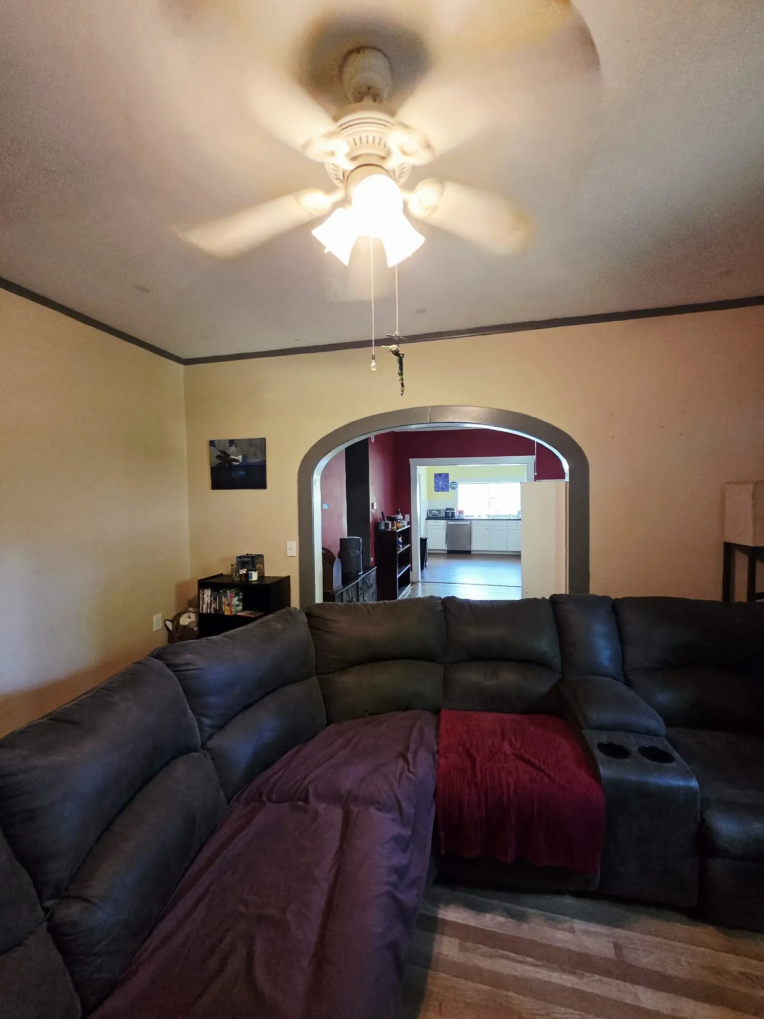 Living area with a ceiling fan light fixture, light-colored walls, and an arched doorway