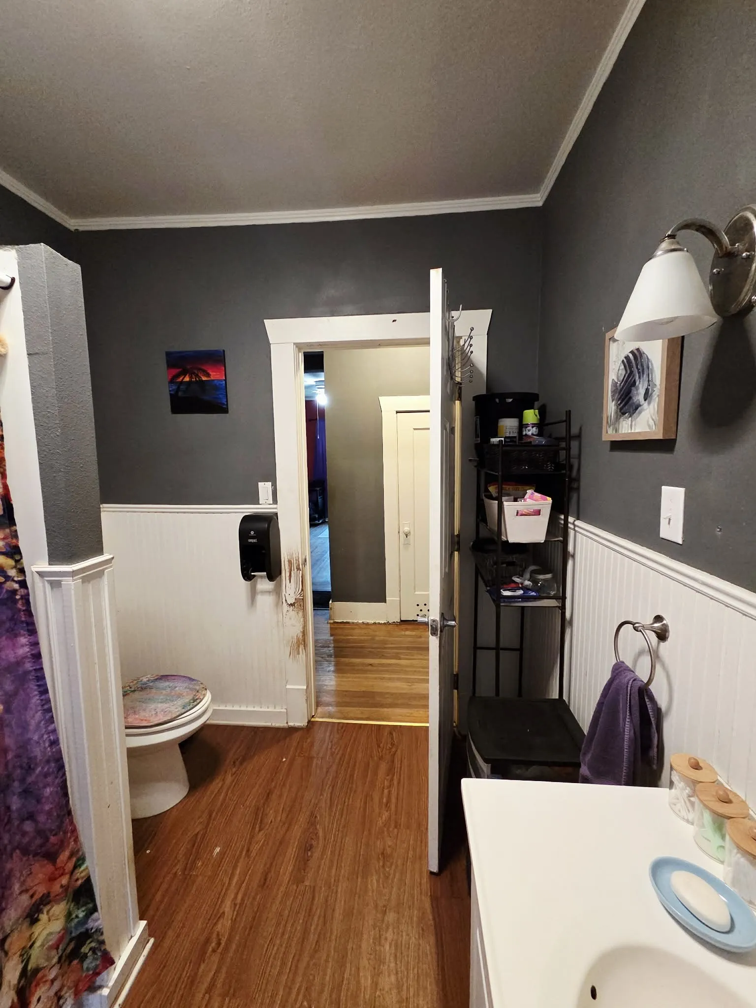 Bathroom featuring wood-finish flooring, white beadboard wainscoting, and a wall-mounted vanity light fixture