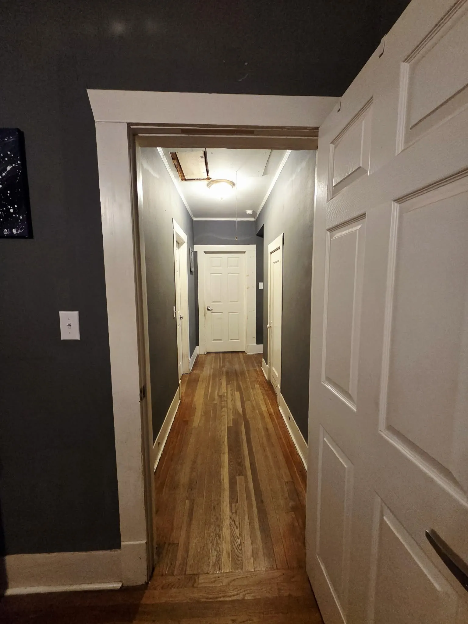 Hardwood flooring extends throughout the hallway
