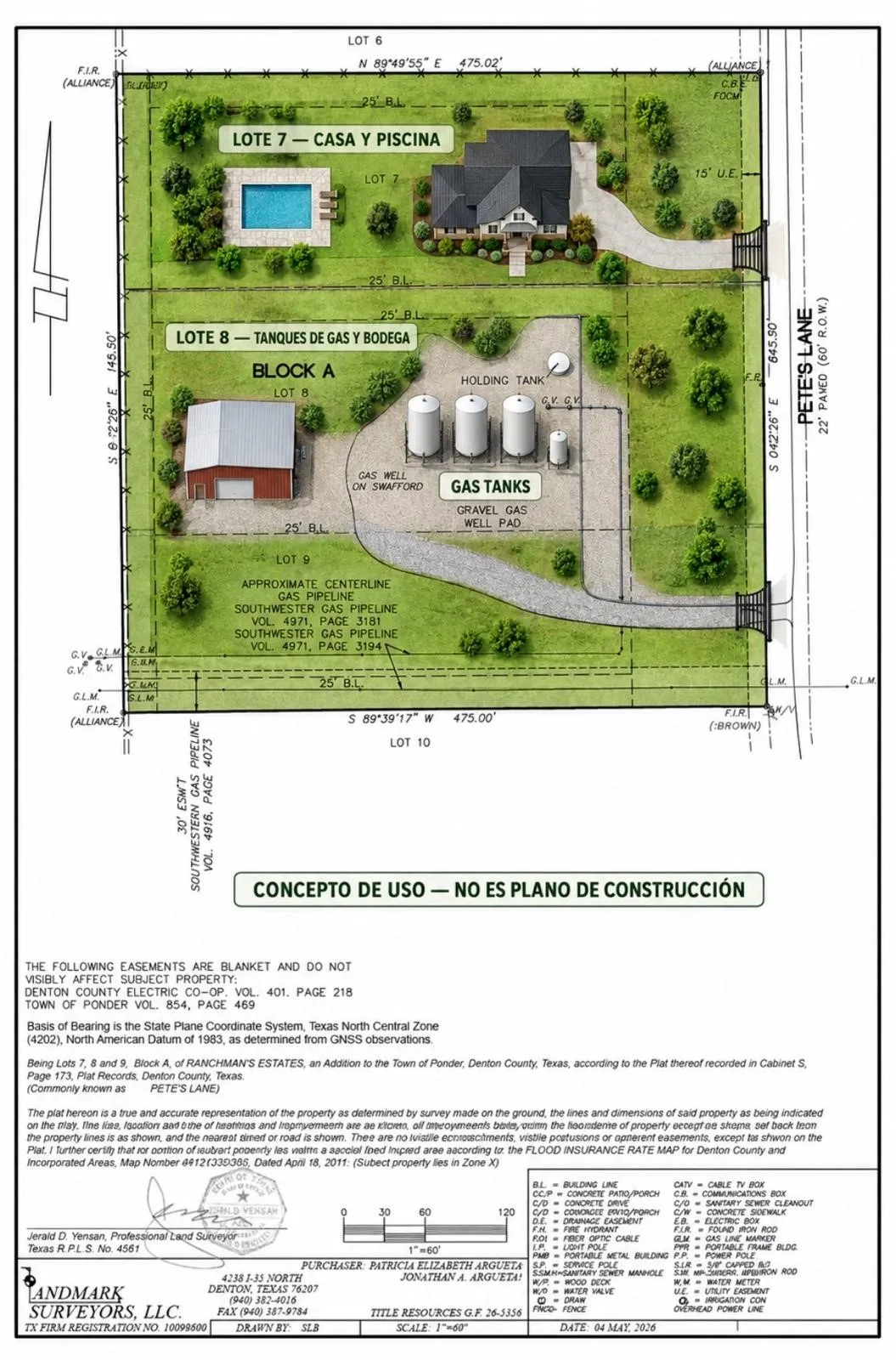 Survey Plat. Depicting property boundaries, structures, and infrastructure elements with associated details and disclaimers