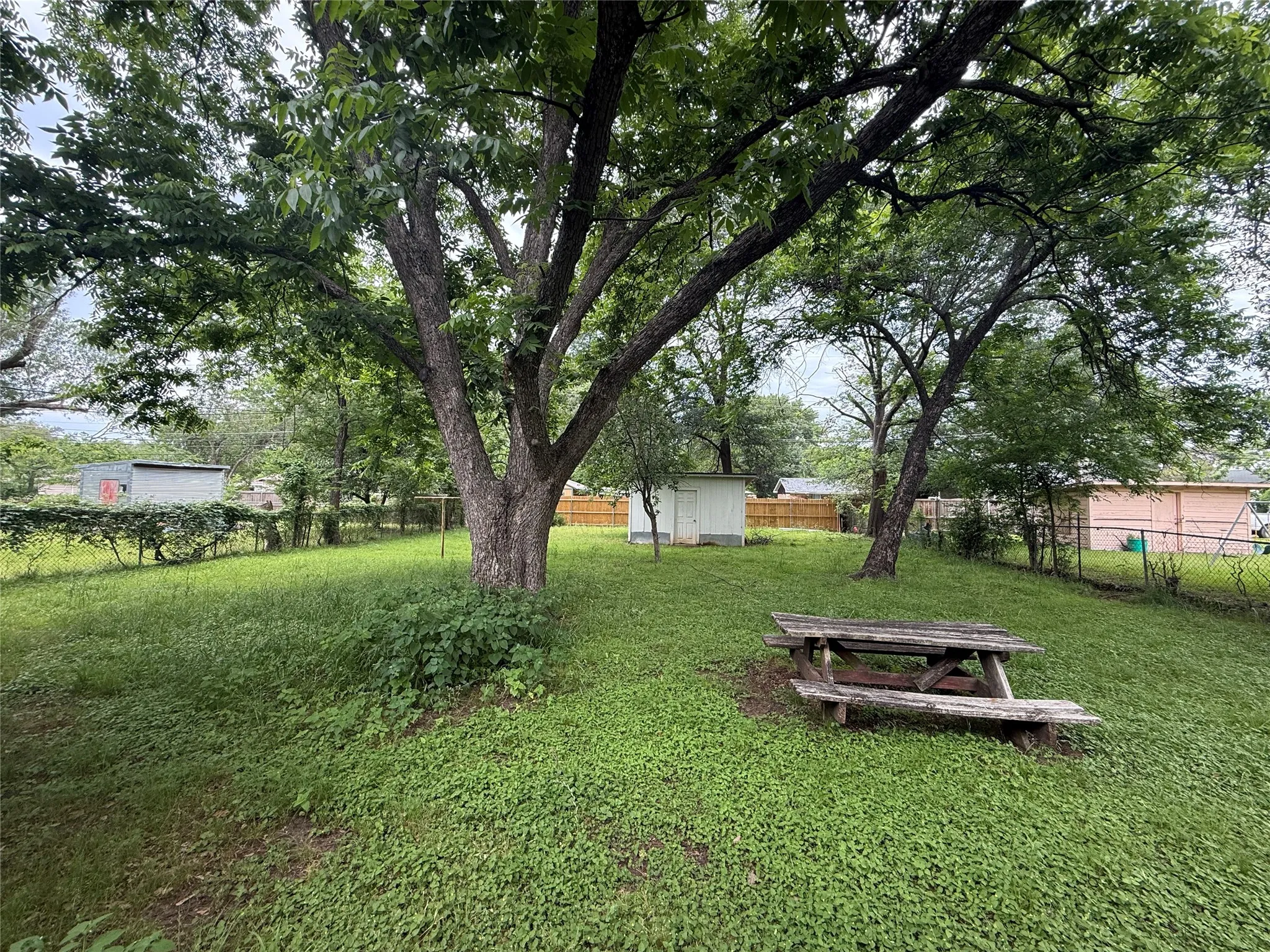 Expansive green space featuring mature trees, a wooden picnic table, a chain-link fence, and a white storage shed