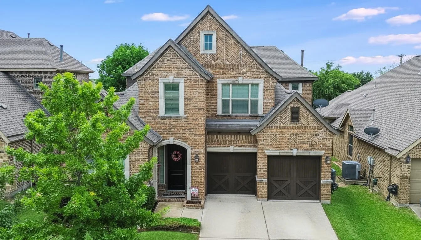 Brick exterior featuring a two-car garage, prominent gabled rooflines, arched entry, and a dormer window