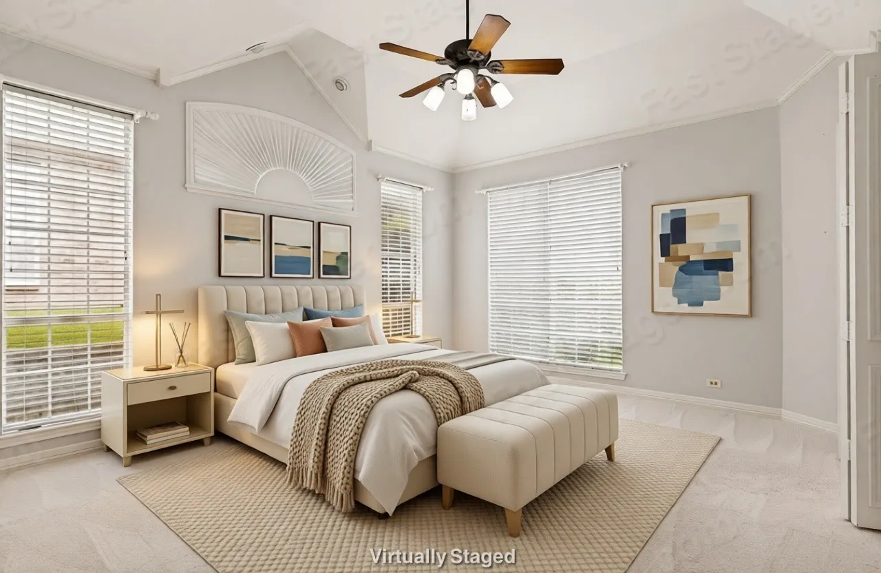 The primary retreat is private and located in the back, with high tiered ceiling detail, light and bright!