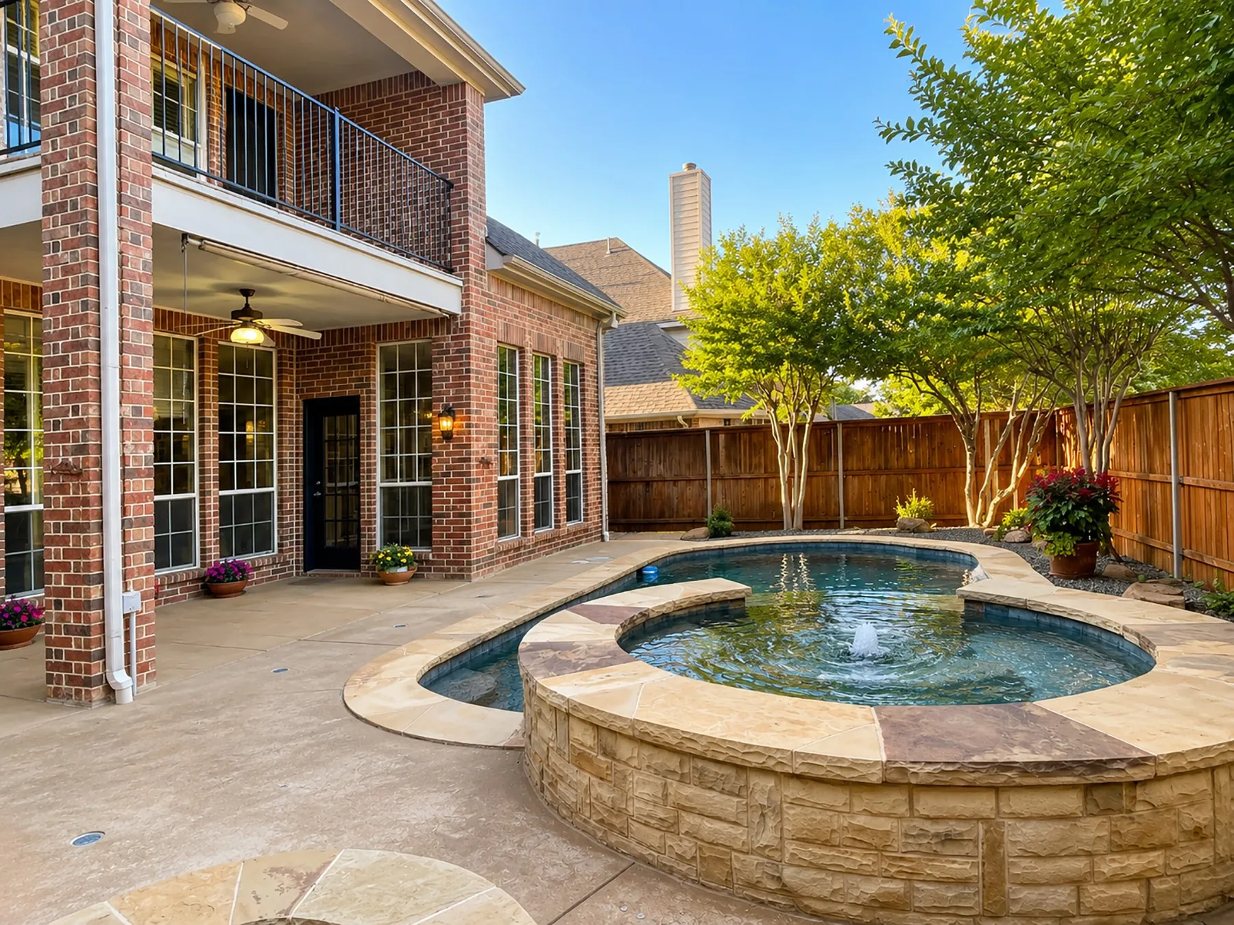 Covered patio overlooks sparkling saltwater gunite pool. The perfect serene outdoor living space.