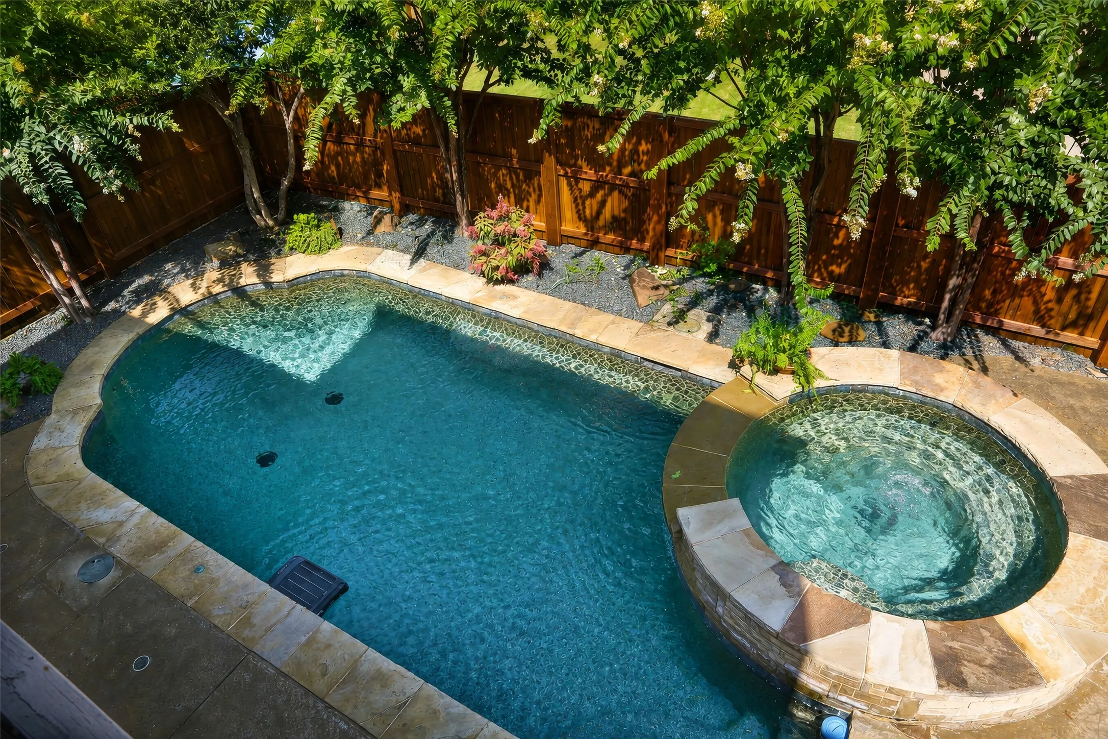 Backyard oasis featuring a curvilinear swimming pool with integrated spa