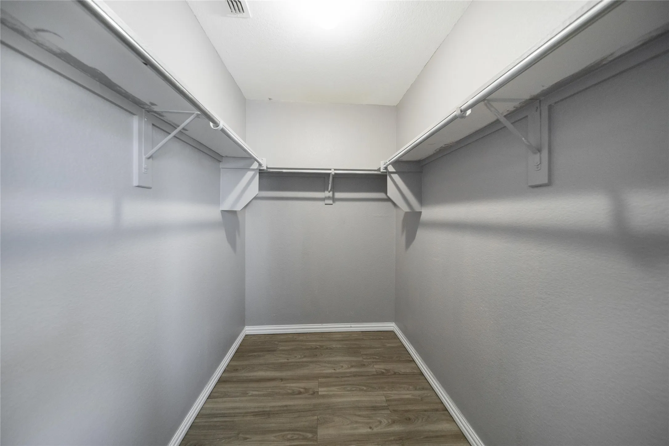 Walk-in closet featuring wood-finish flooring, light gray walls, built-in shelving, and clothing rods
