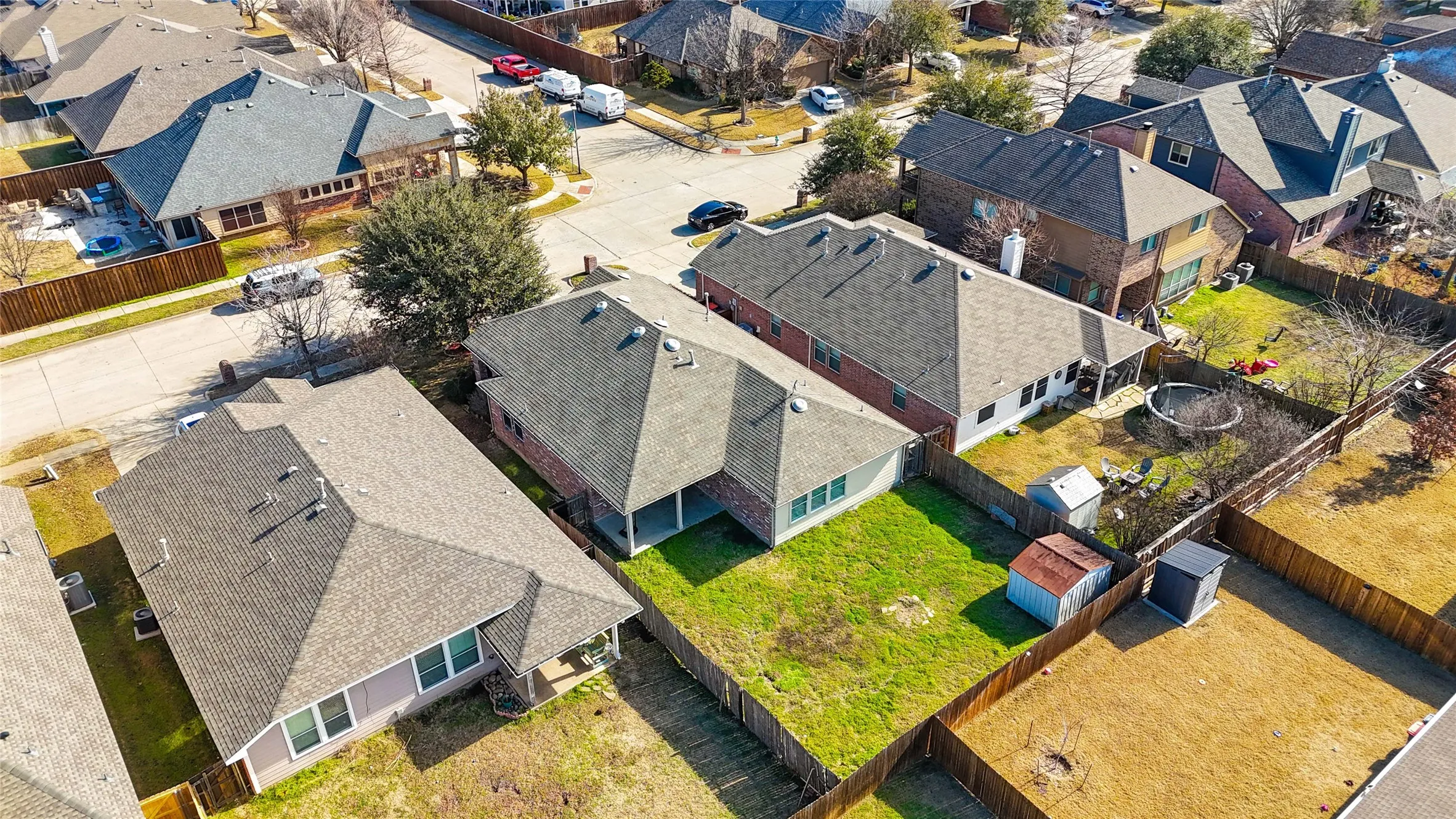 Aerial perspective showcasing a residential neighborhood with varied architectural styles