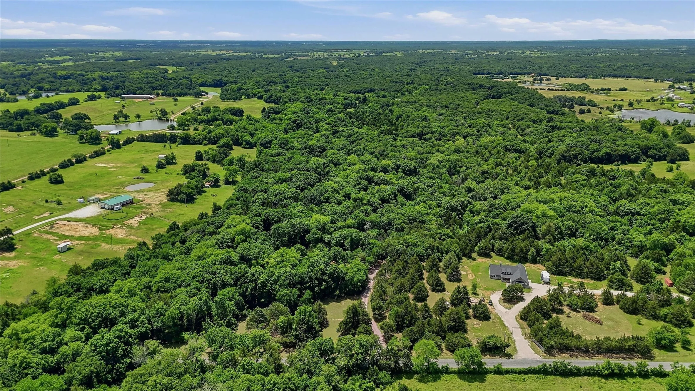 Expansive wooded acreage featuring a single-story residence, a paved driveway, and surrounding open fields