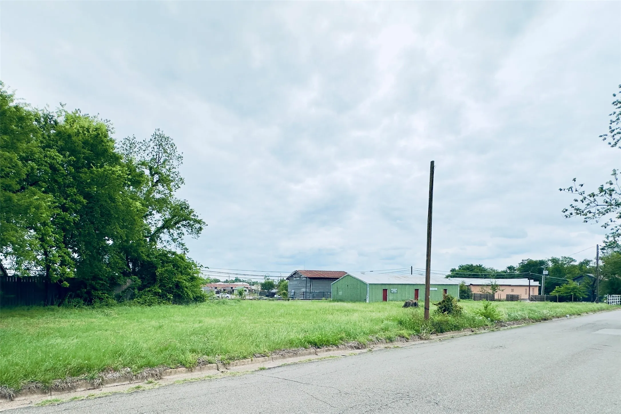 Expansive grassy lot with mature perimeter trees, paved road frontage, and established curb