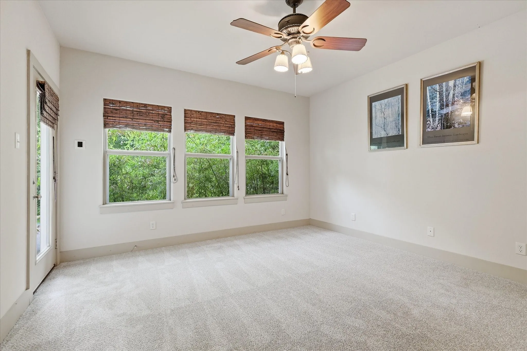 Bright room featuring three sash windows with woven wood blinds, a glass-paneled door, and a ceiling fan with light kit
