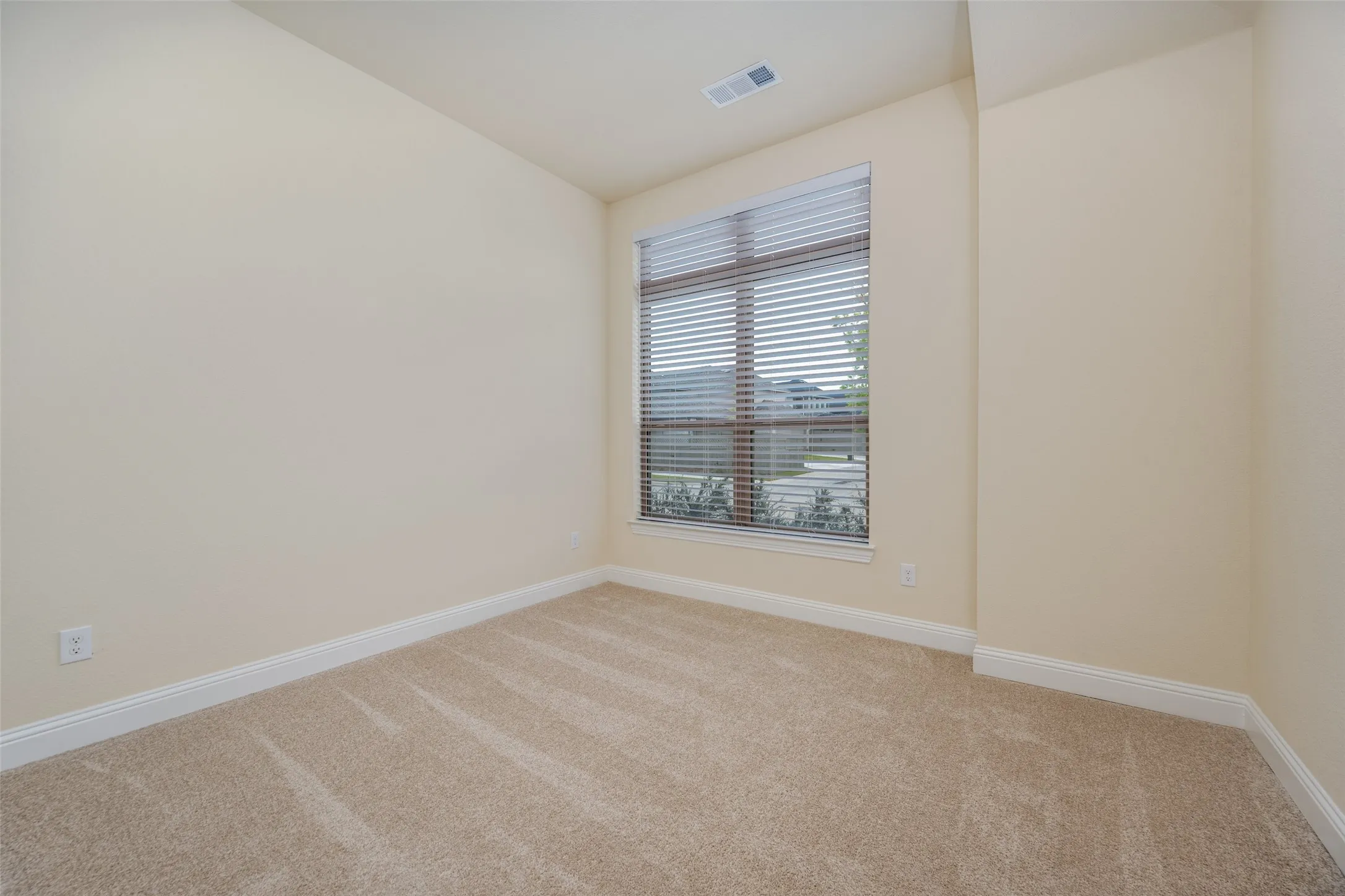 Neutral-toned carpeting grounds this space, complemented by light-colored walls and crisp white baseboards
