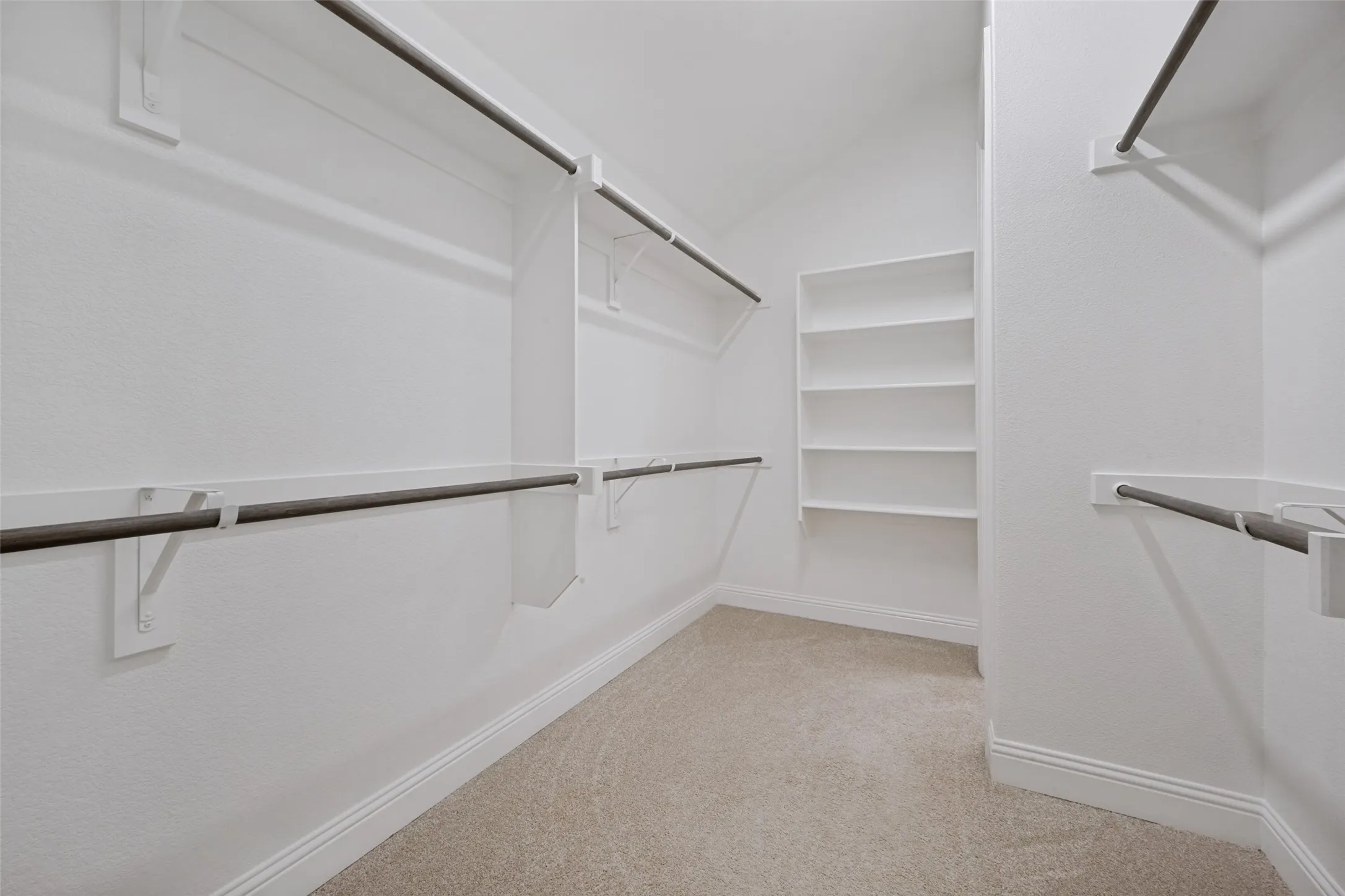 Walk-in closet featuring light-toned carpet, white wall paint, multiple clothing rods, and built-in shelving