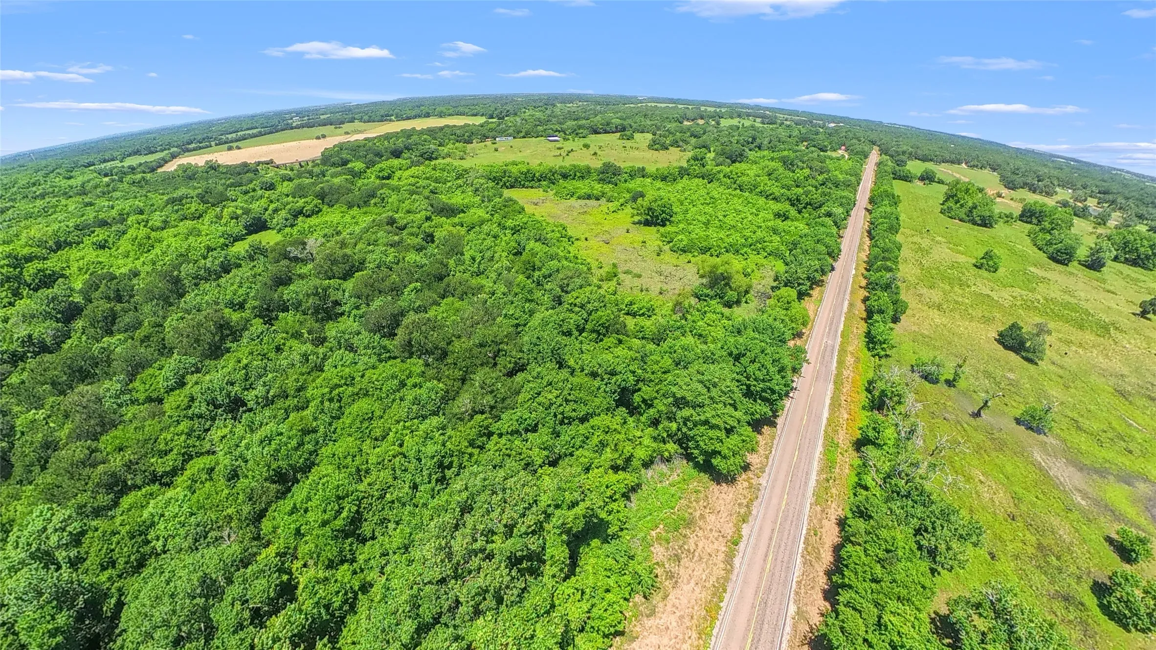 Expansive property featuring dense tree coverage, open fields, and a private road