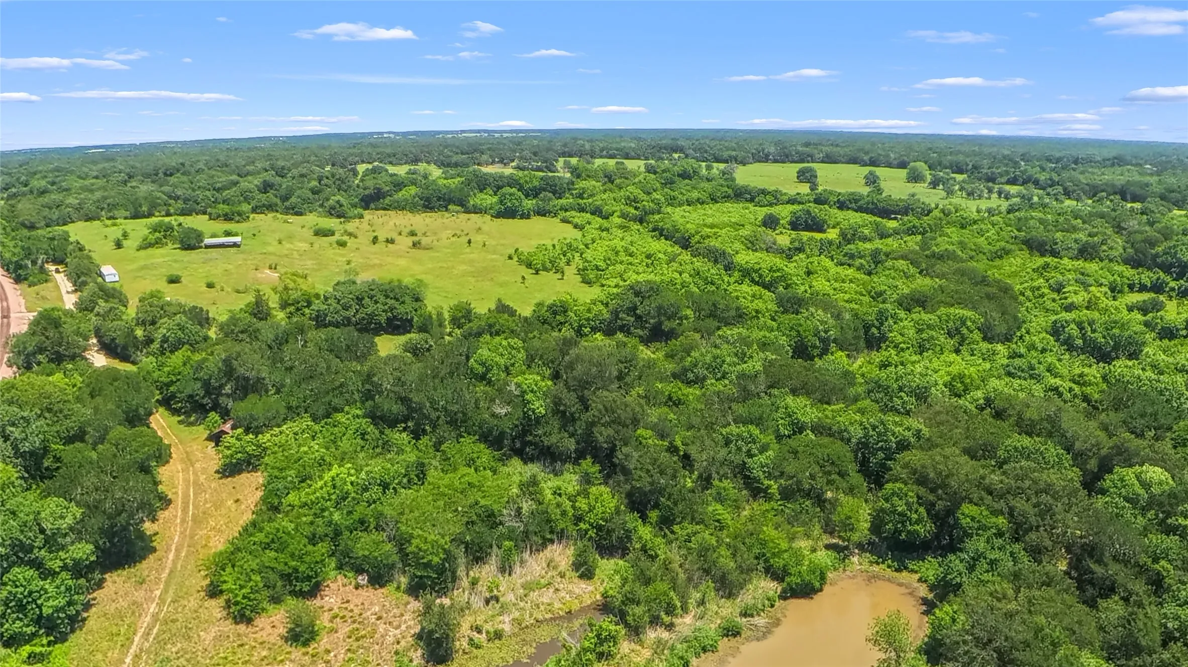 Expansive acreage featuring mature trees, open pastures, and a natural pond
