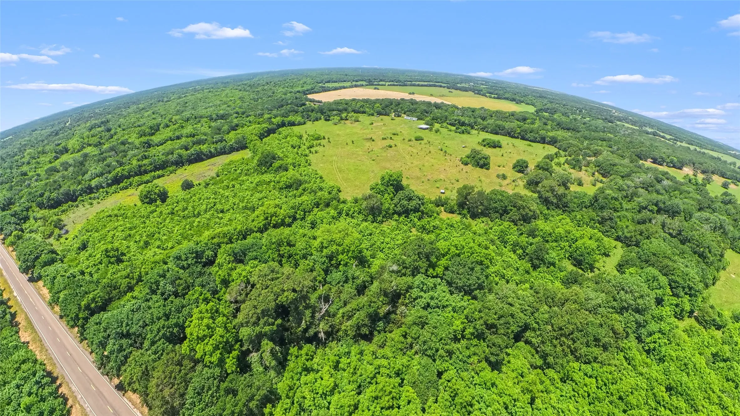Expansive land parcel featuring dense treelines, open clearings, and a bordering paved road