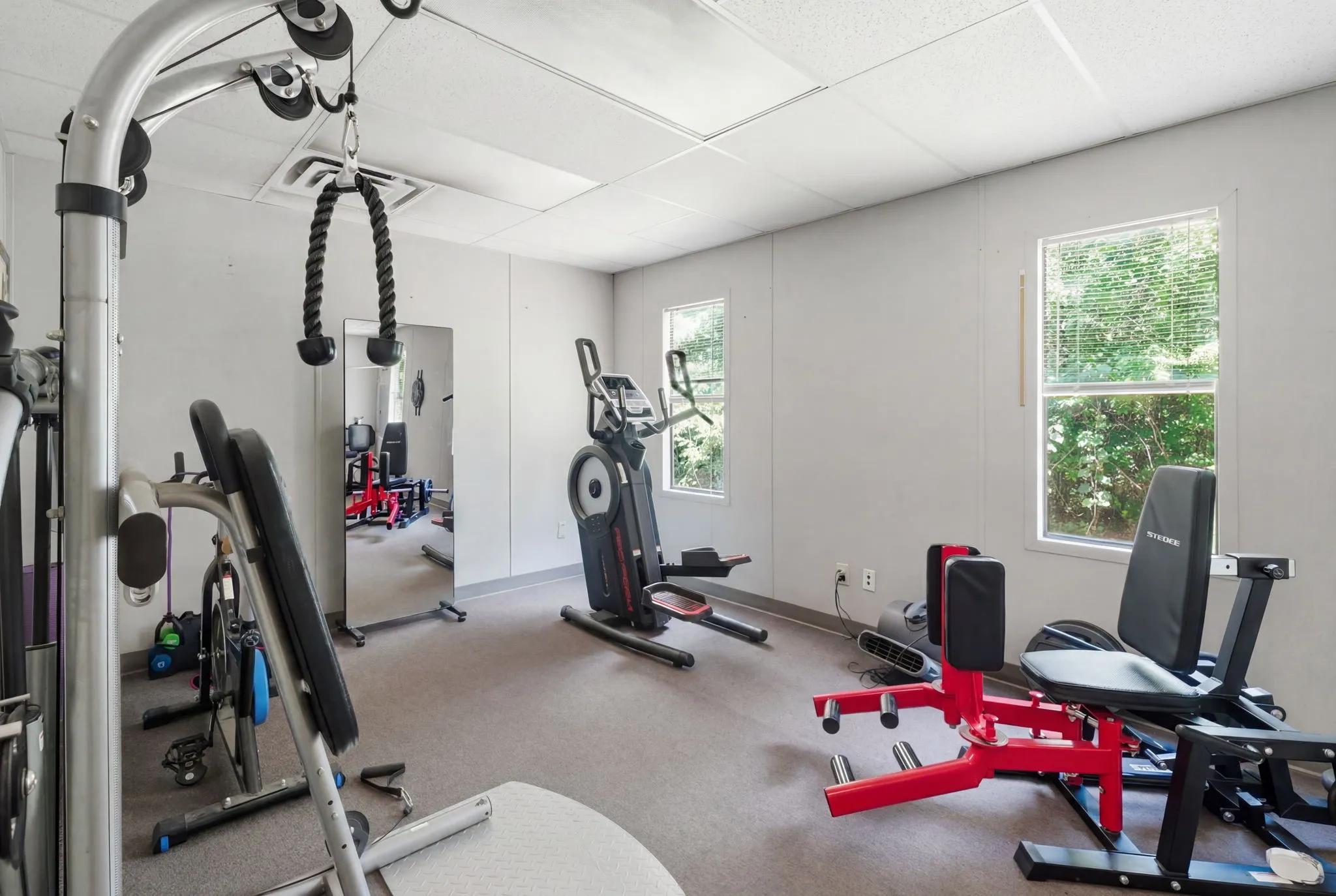 Dedicated interior space with carpeted flooring, two windows with blinds, a drop ceiling, and a full-length mirror