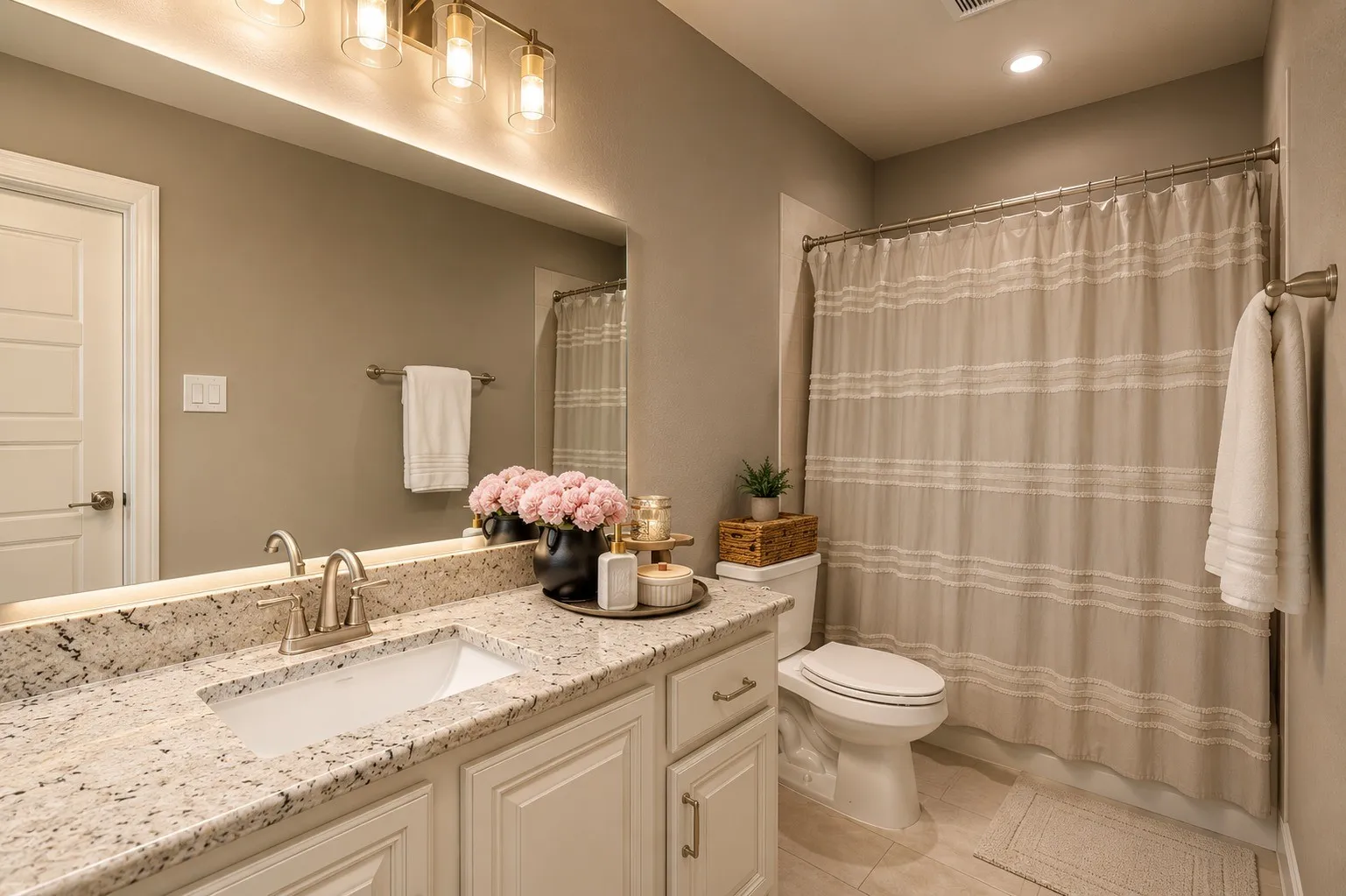Bathroom featuring a single vanity with a light-toned countertop, an undermount sink, and a brushed nickel faucet