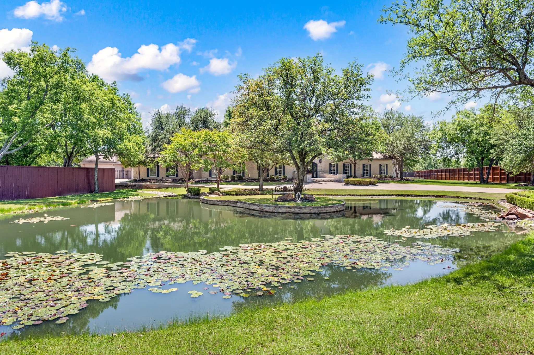 Expansive pond featuring lily pads and a central landscaped island with a mature tree