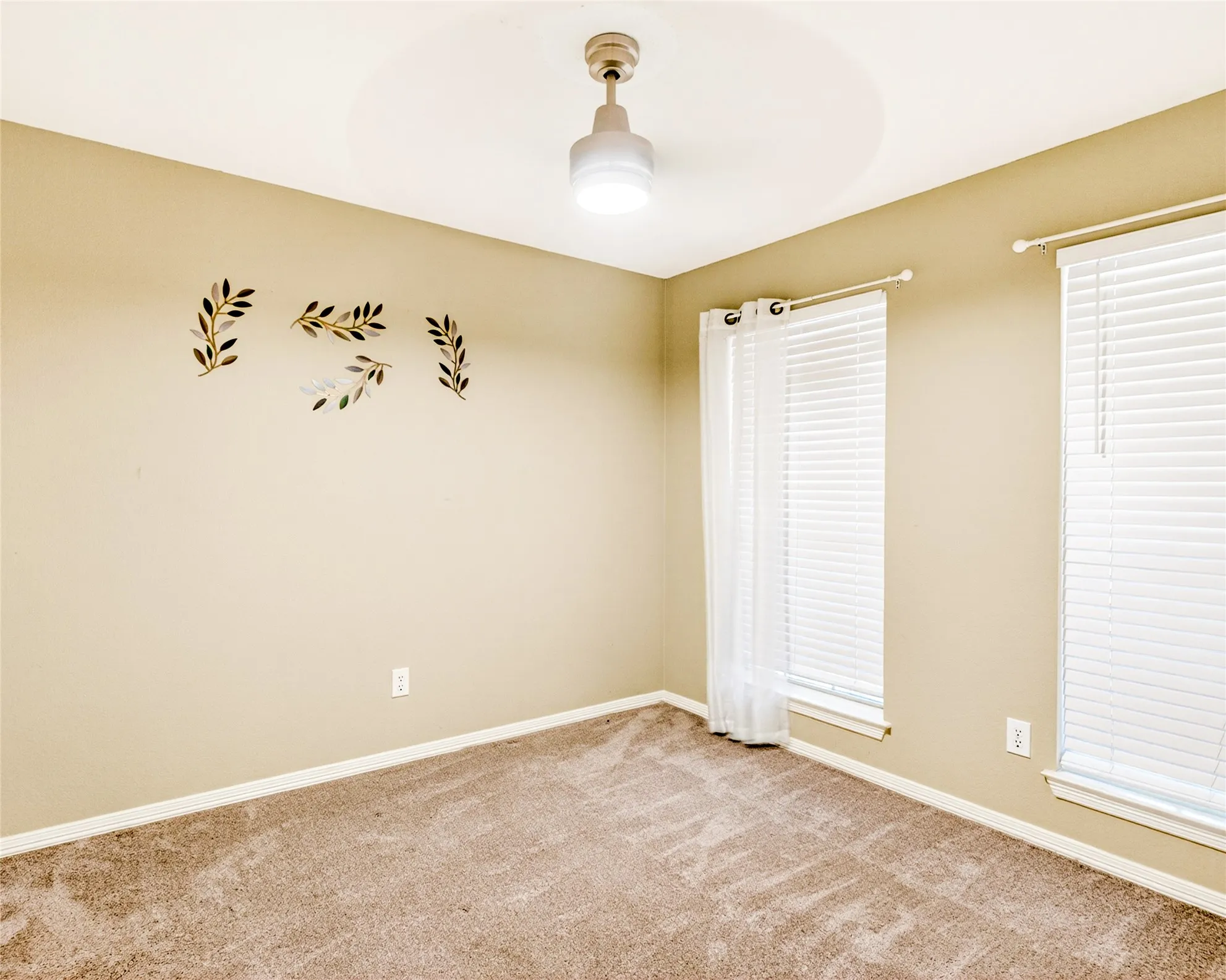 Carpeted interior room featuring two windows with white blinds and sheer curtains, a ceiling-mounted light fixture, and beige wall paint