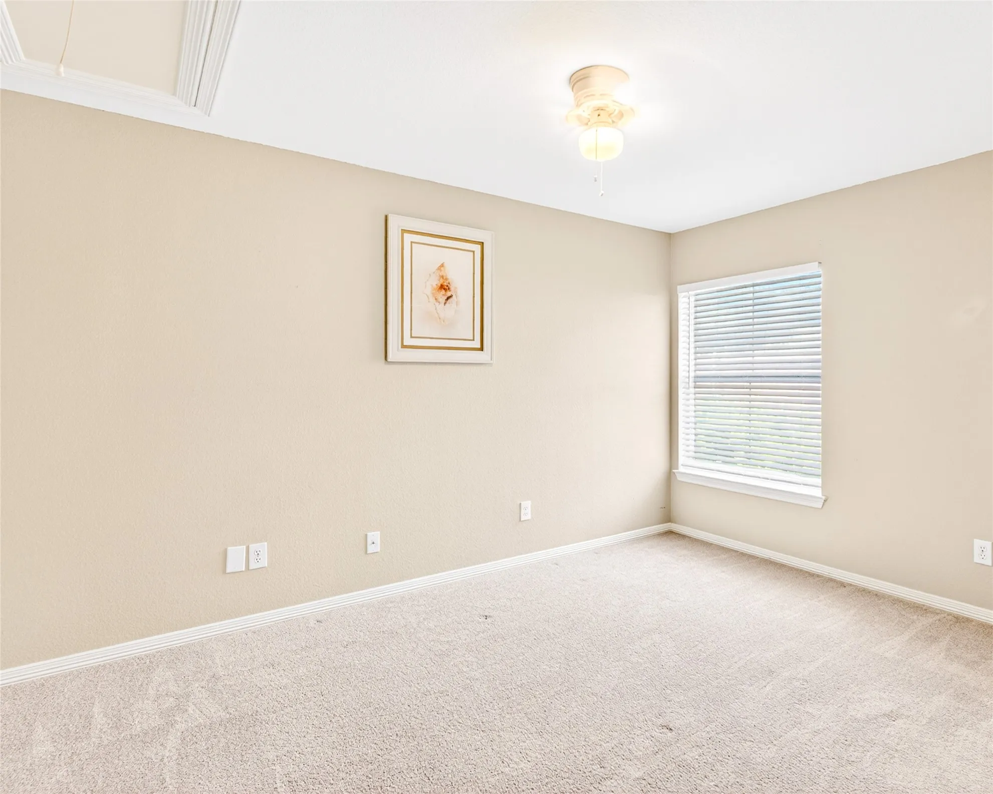 Carpeted room with neutral-toned walls, a single window with blinds, and a ceiling-mounted light fixture