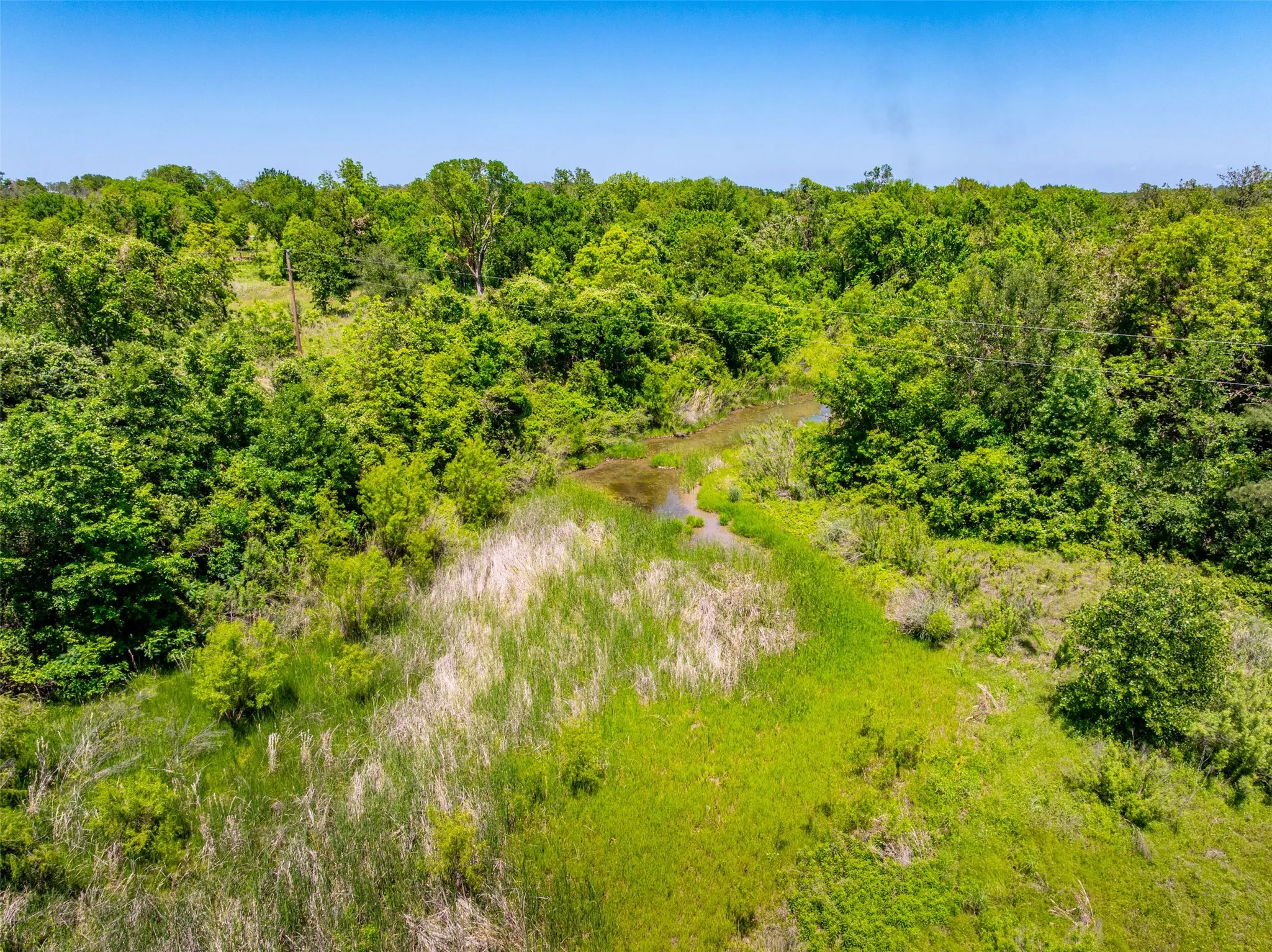 Expansive natural landscape featuring dense tree cover, a winding waterway, and varied vegetation