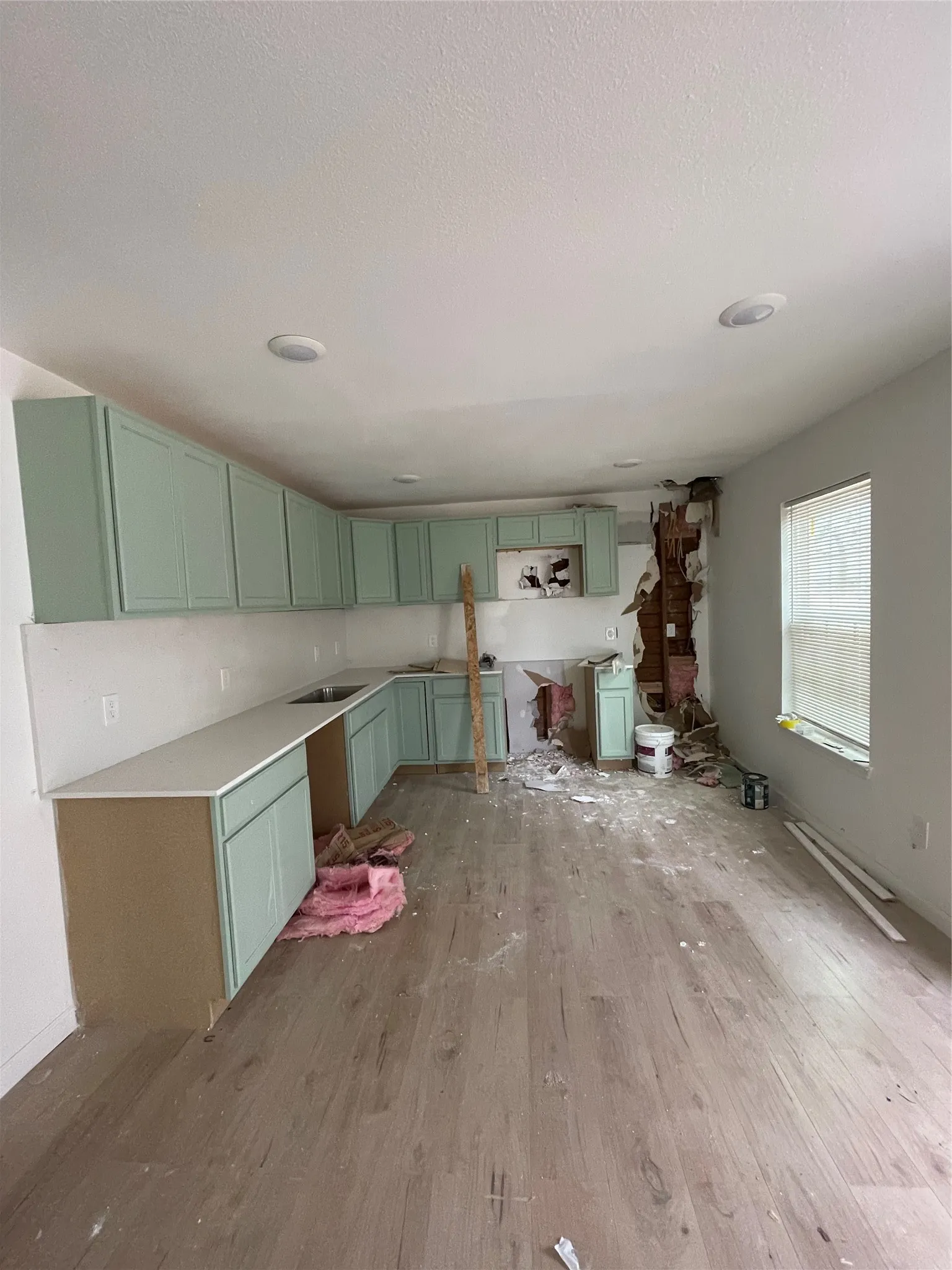 Kitchen with sink, light hardwood / wood-style flooring, a textured ceiling, and green cabinets