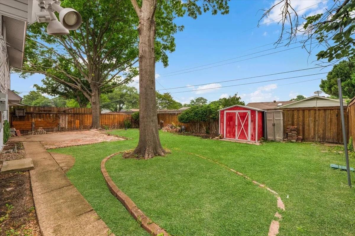 Expansive backyard featuring a large tree, manicured lawn, and brick-edged garden beds