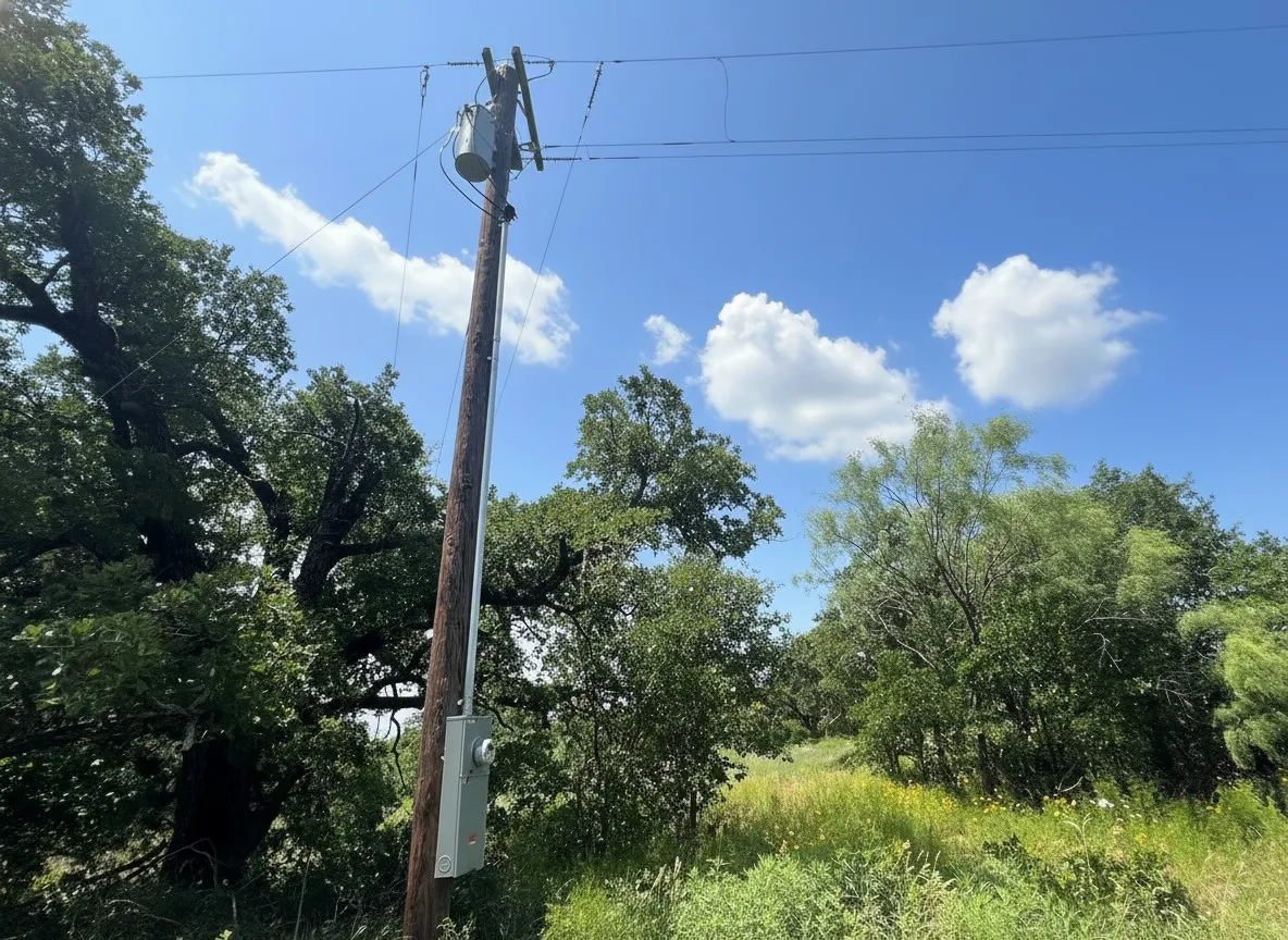 Electricity pulled to the middle of the property at a pad next to pond for RV hookup