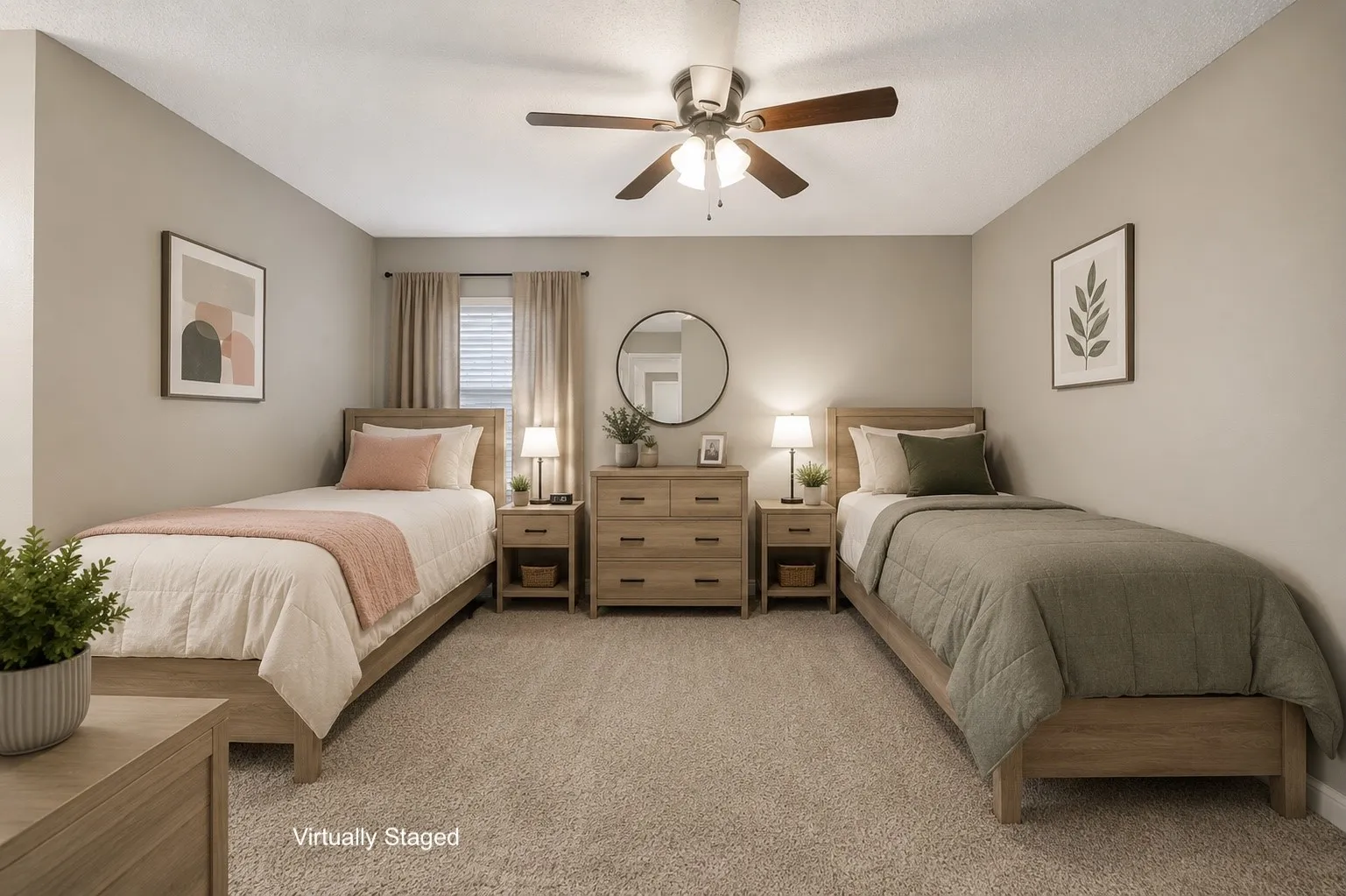 Carpeted room featuring a ceiling fan with integrated lighting, window with blinds and drapes, and neutral wall paint