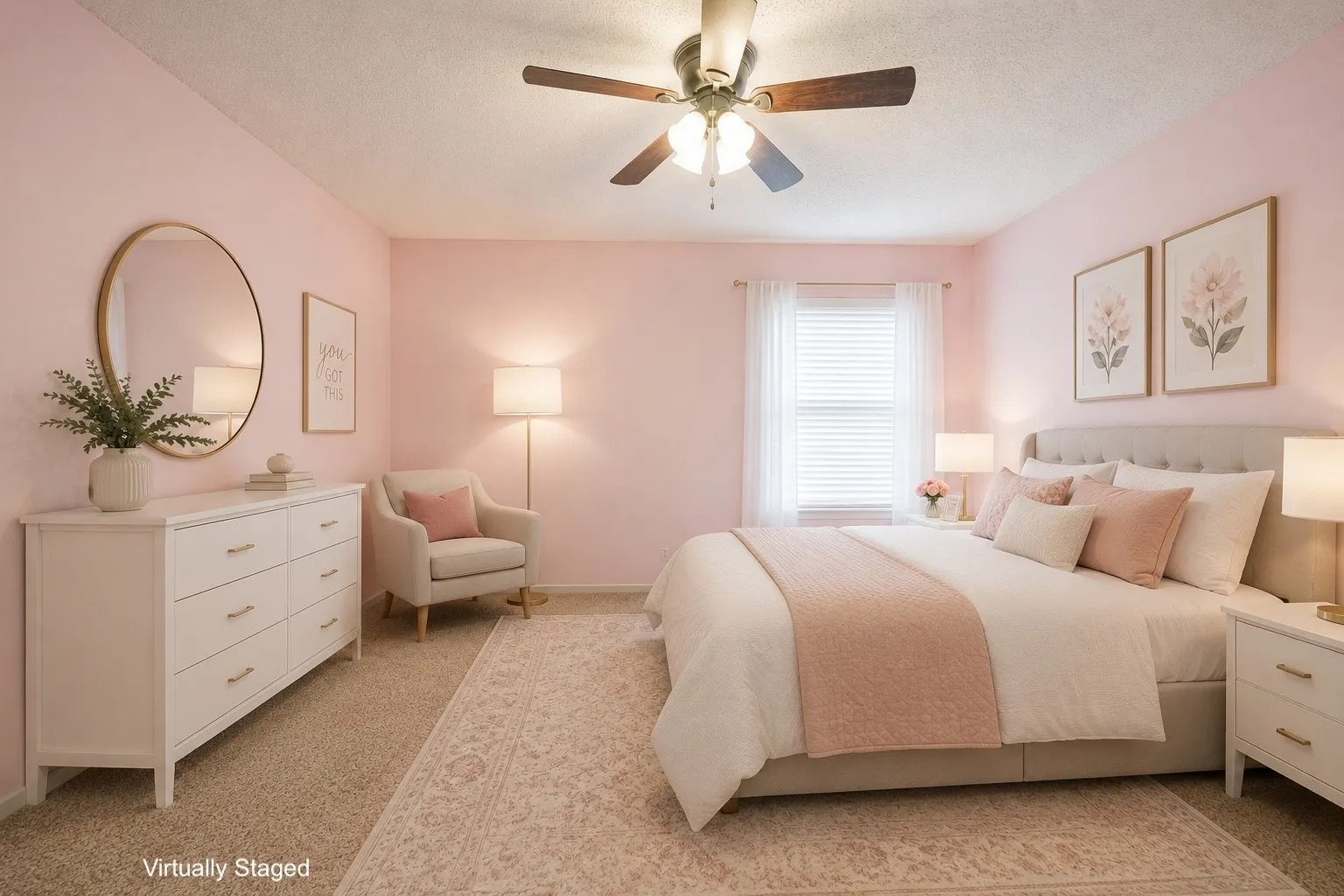 Carpeted room featuring a ceiling fan with integrated lighting, a window with blinds, and light-colored walls