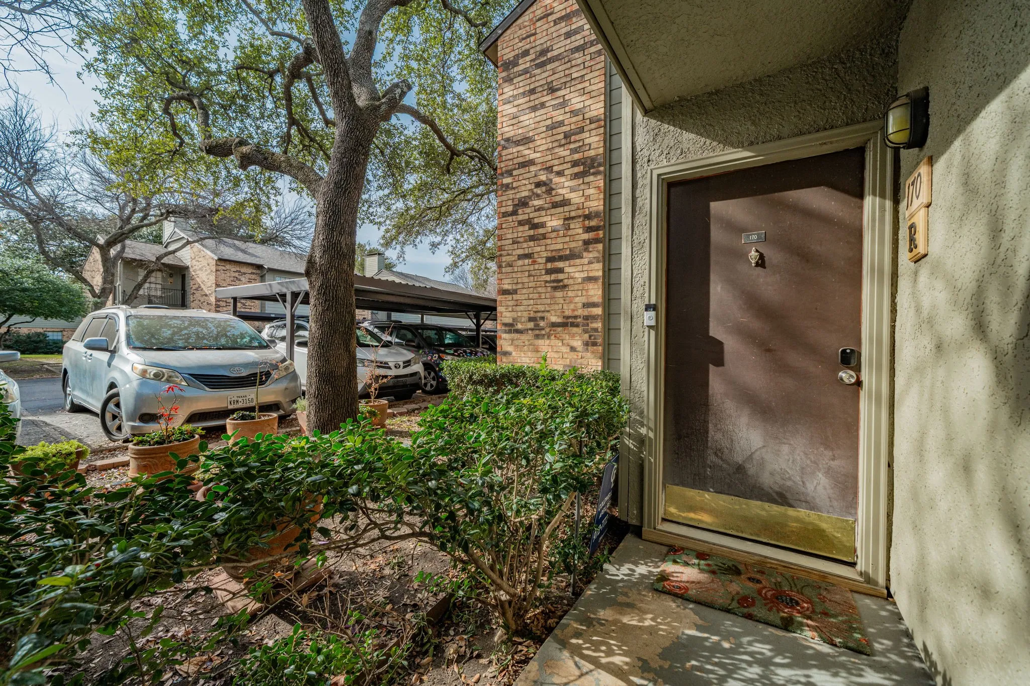 Entryway featuring a dark paneled door with a storm door, textured stucco siding, and an overhead light fixture