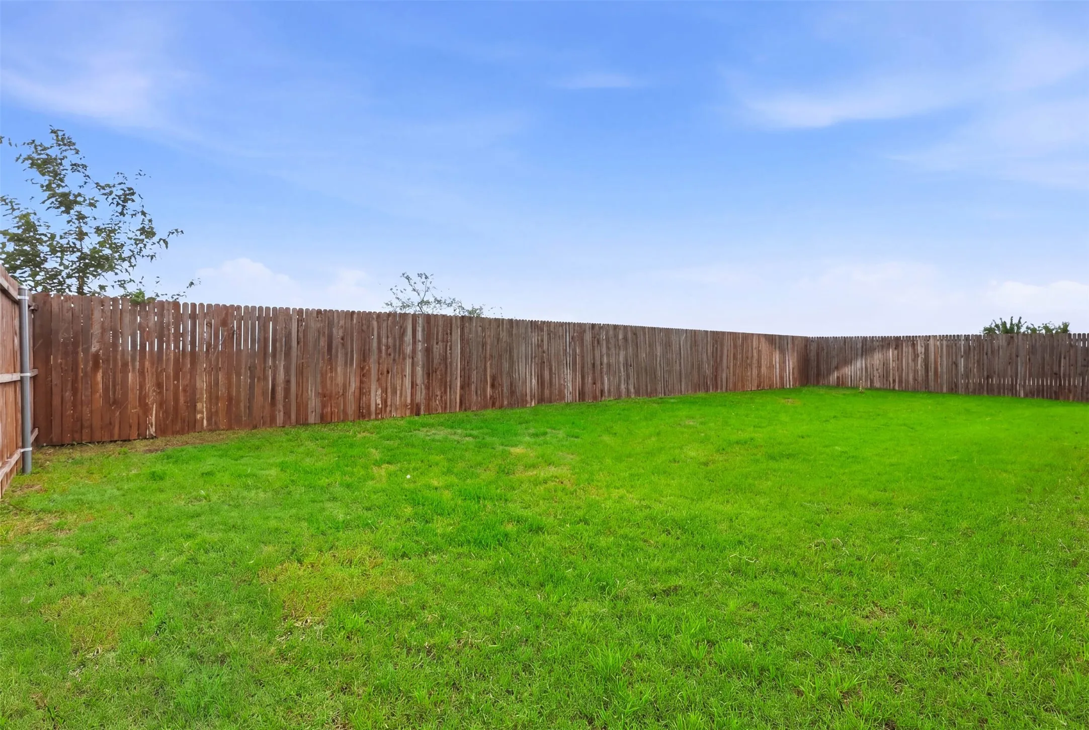 Spacious fenced backyard featuring a wood privacy fence and a manicured lawn