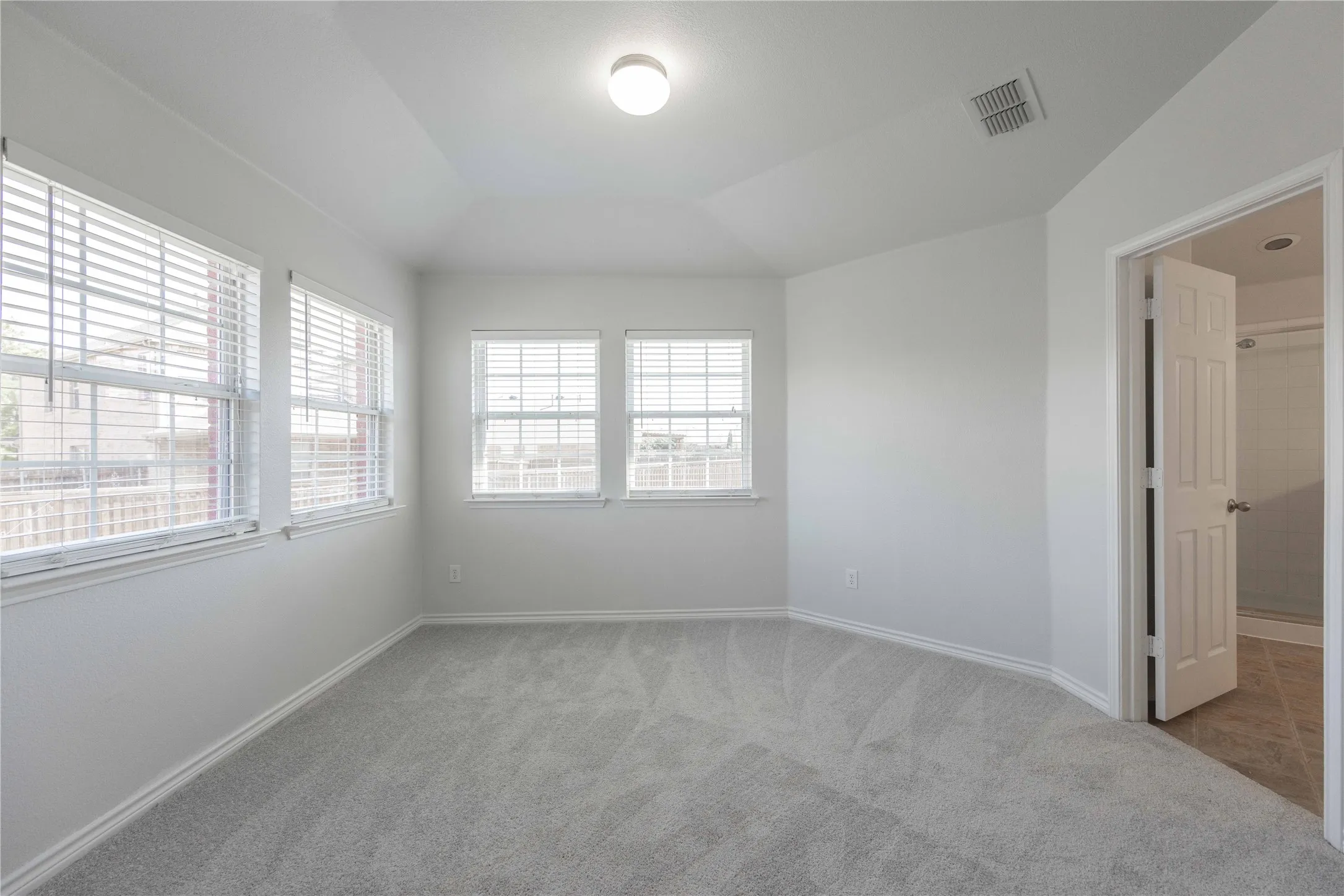 Room featuring four windows with blinds, gray carpet flooring, white painted walls, and a tray ceiling with a flush-mount light fixture
