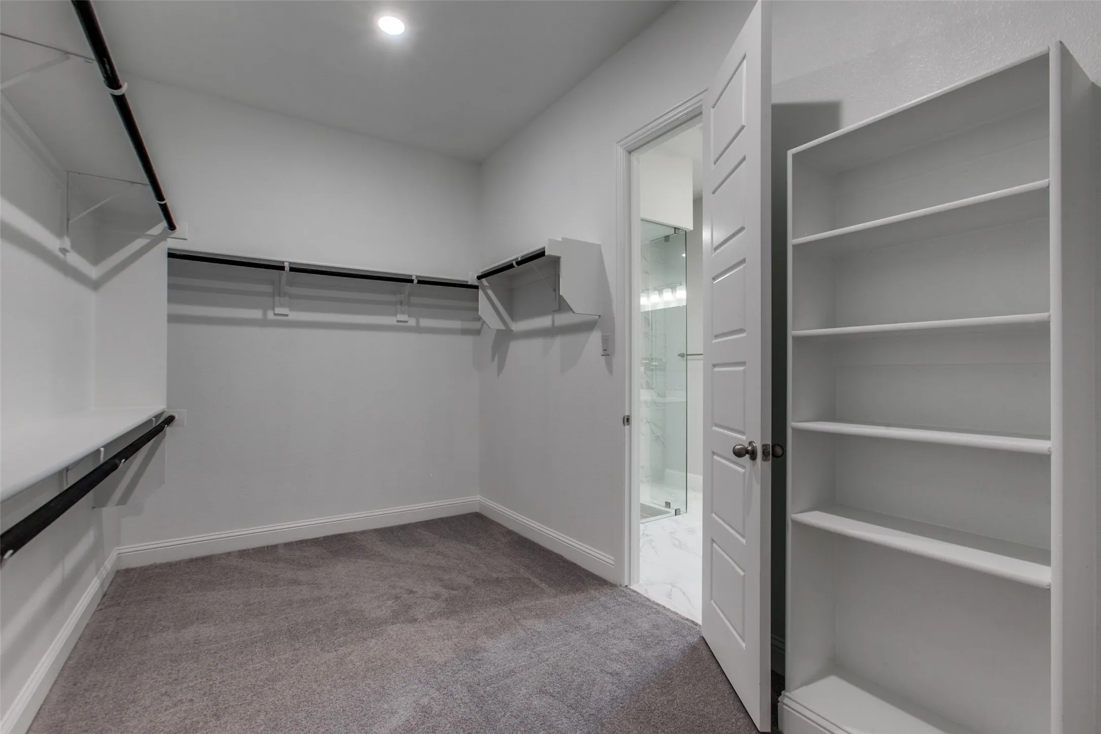 Walk-in closet featuring carpet flooring, built-in shelving, hanging rods, and recessed lighting