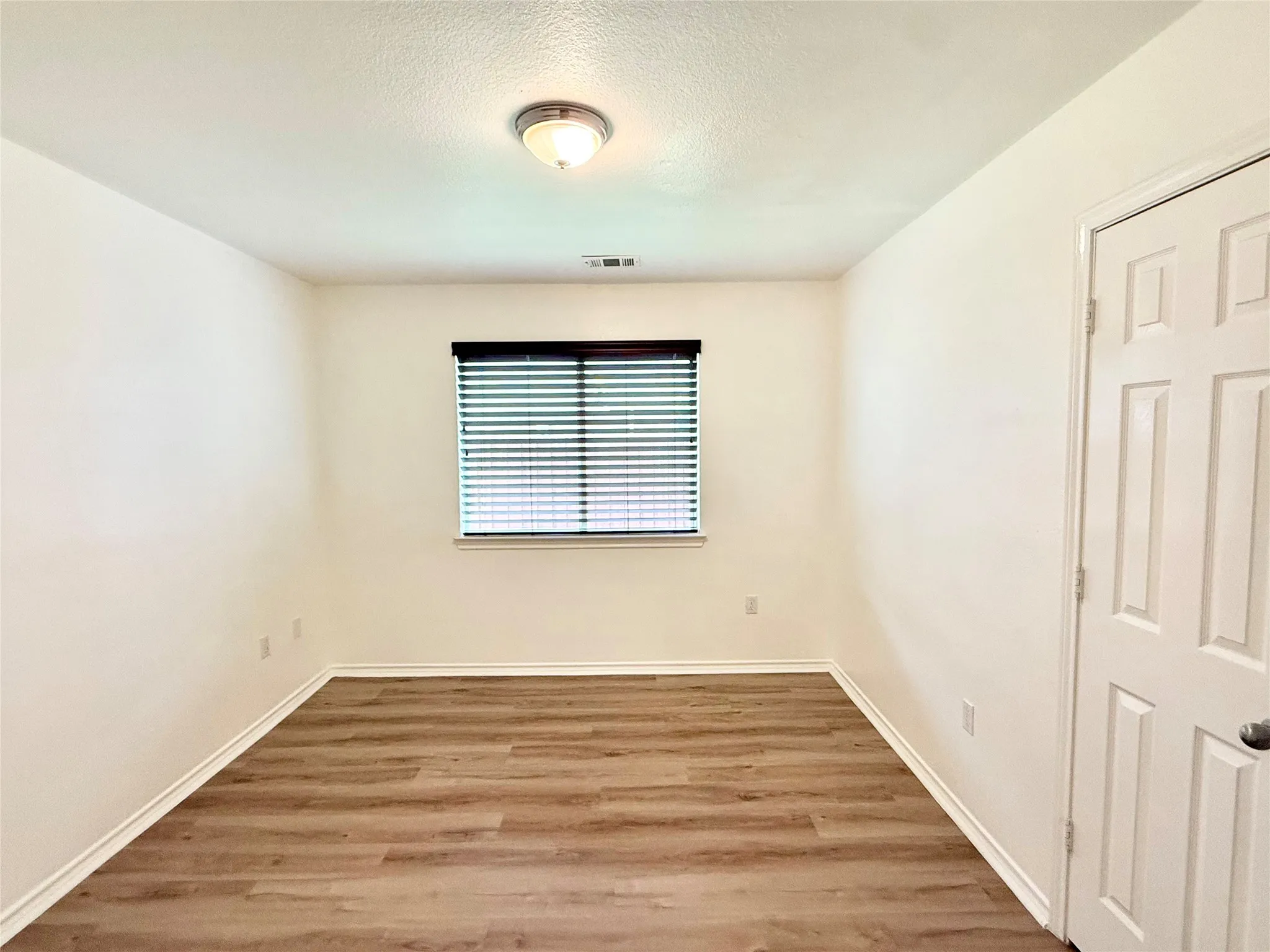 Bright interior room featuring wood-finish flooring, white baseboards, a window with blinds, a ceiling-mounted light fixture, and a paneled door with a metal handle