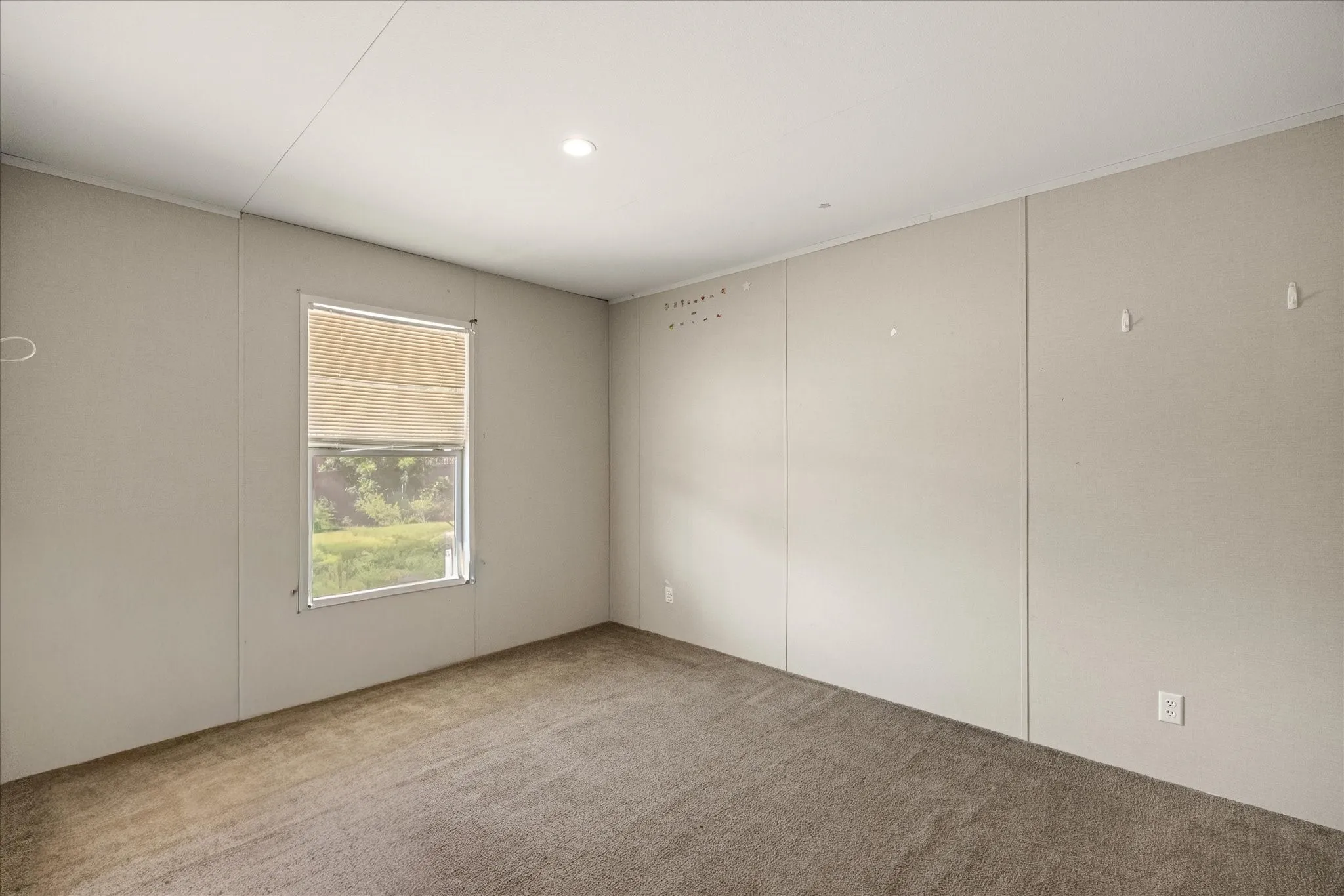 Carpeted interior space featuring neutral wall panels and a single window with blinds