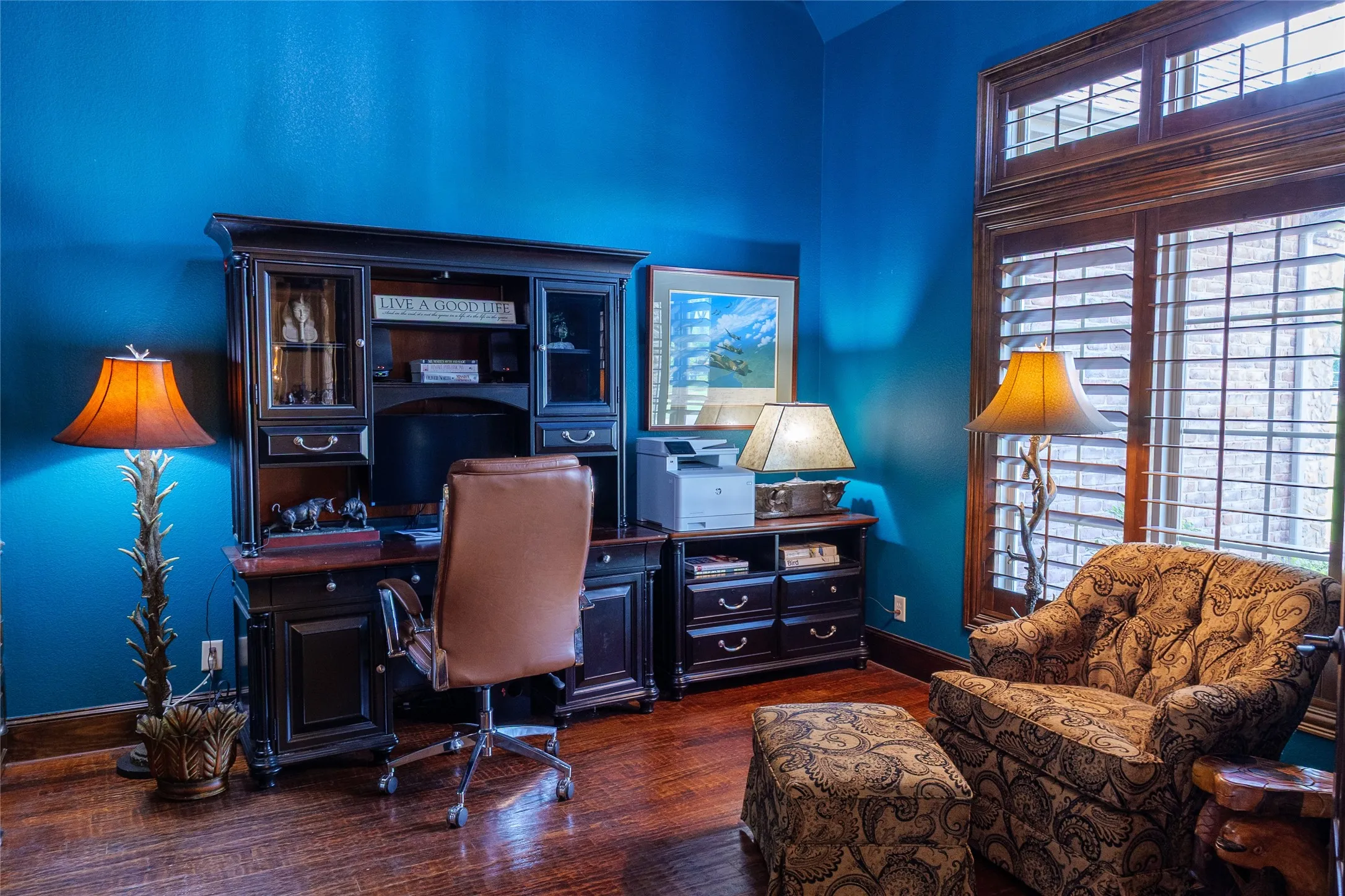 Large office space with built-in bookshelves