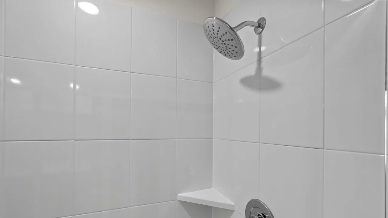 Shower enclosure with white square tiles, a rainfall shower head, and a built-in corner shelf